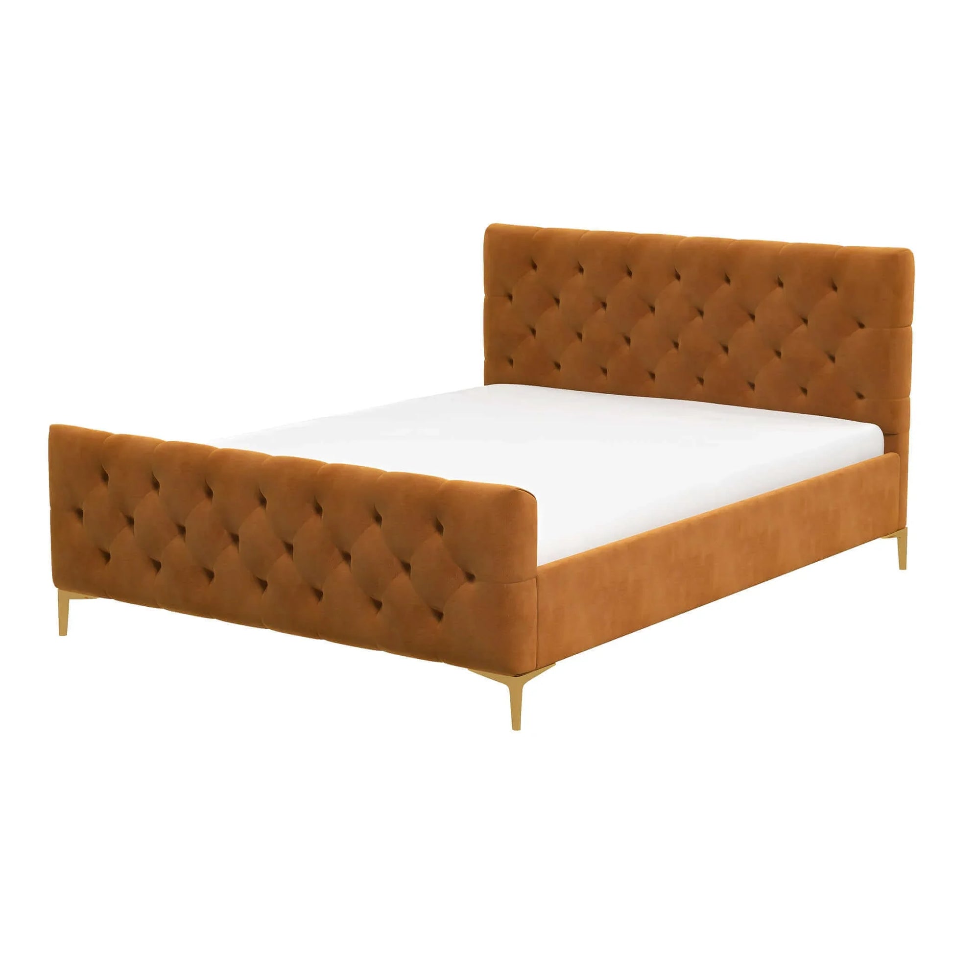 Modern tufted velvet bed frame in orange with gold legs, offered by FredCo International furniture