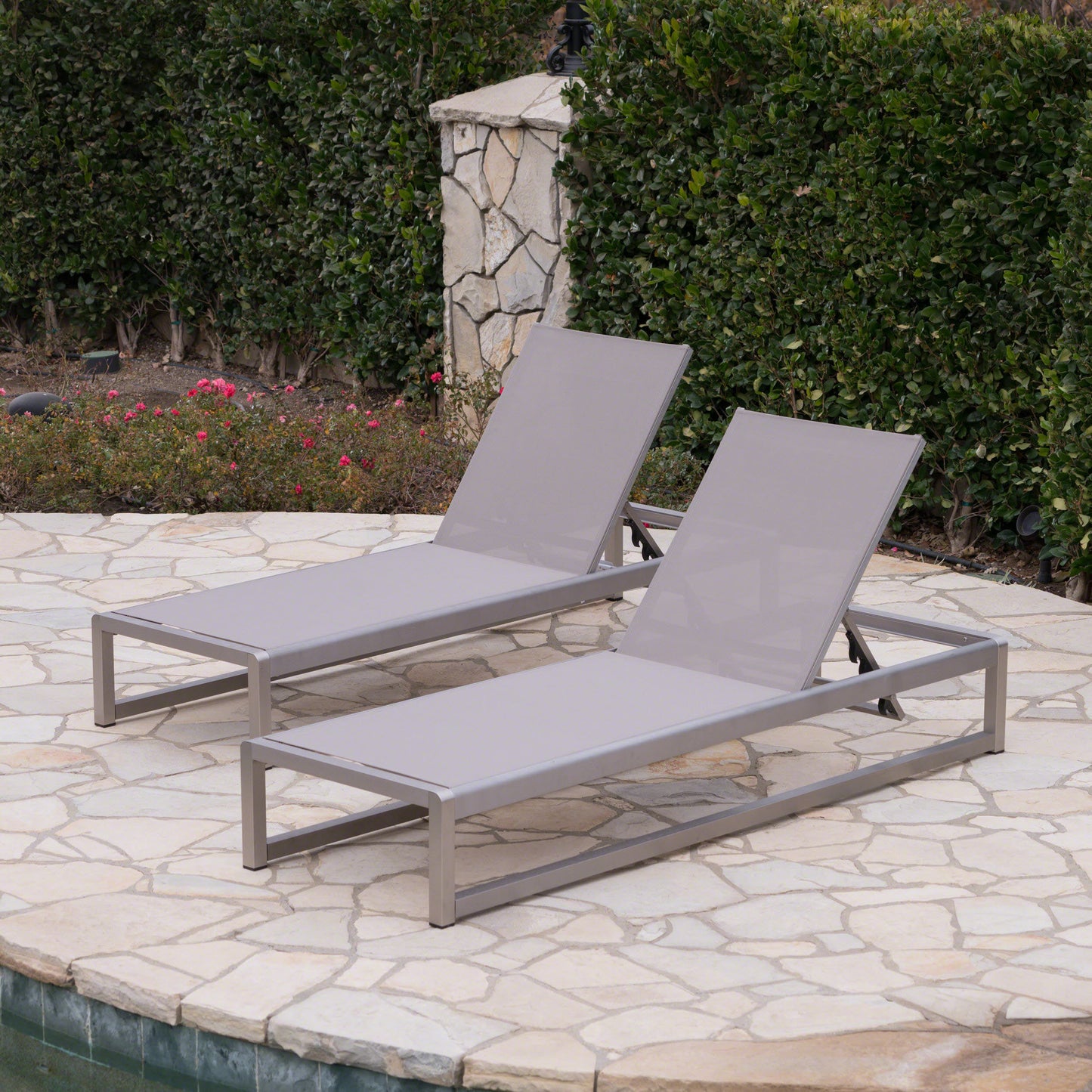 Outdoor Chaise Lounge Set of 2 with Adjustable Aluminum Frame and Textilene Mesh Seating in Grey FredCo