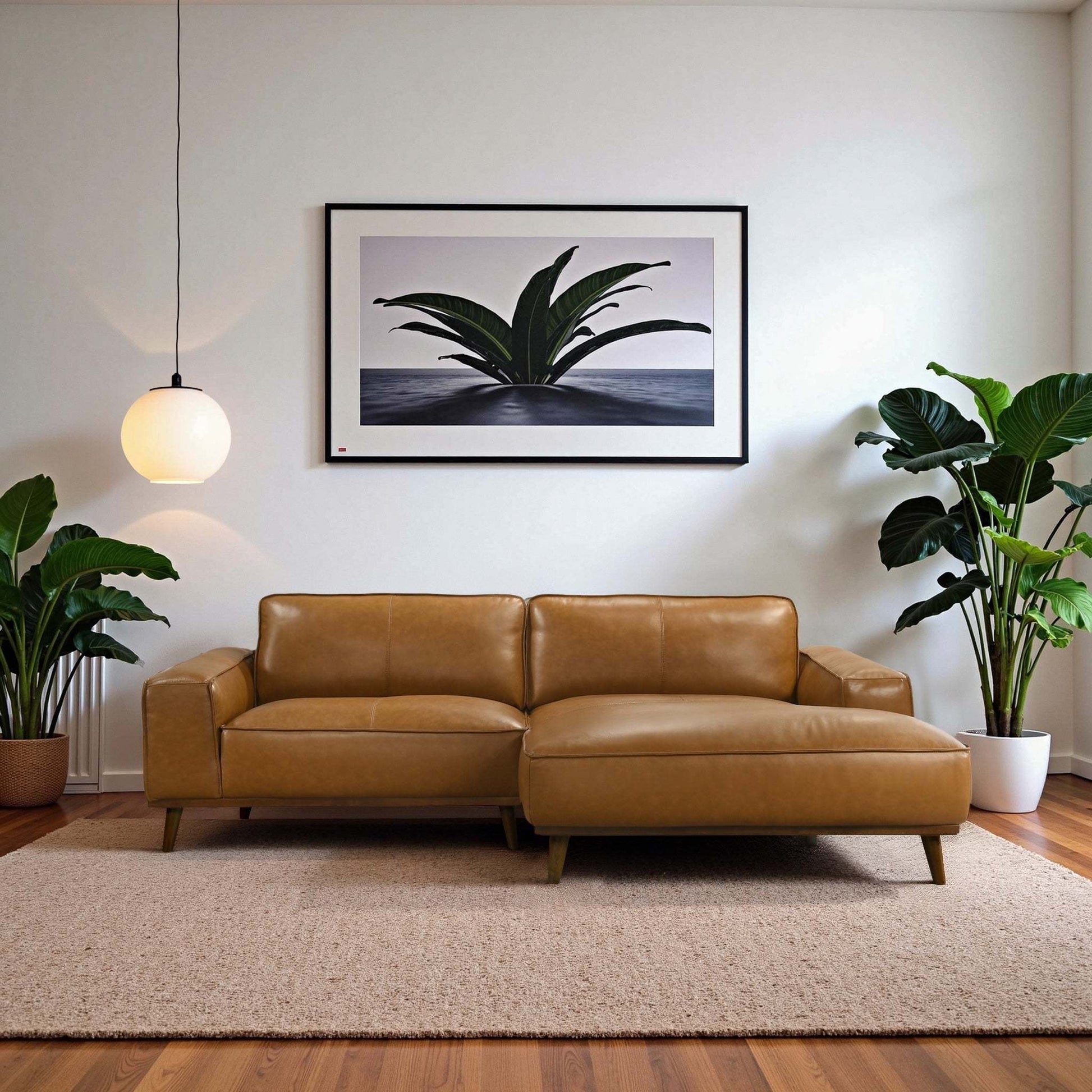 Modern living room with tan leather sectional sofa, indoor plants, and framed wall art