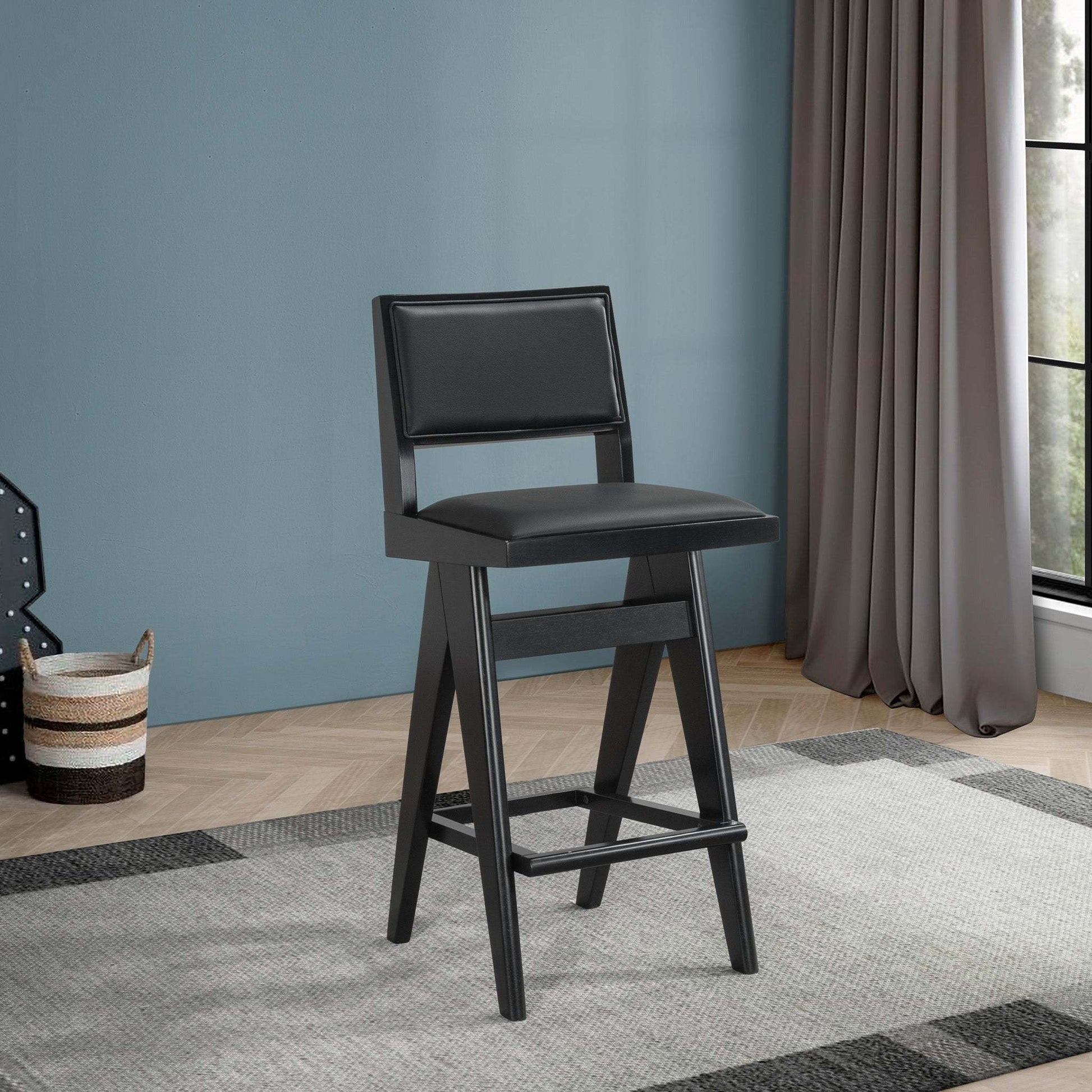 Keira Mid-Century Bar Stool Black PU Leather Solid Wood 18.11 x 17.52 x 38.58 inches Kitchen Counter Barstool with Back Bar Stool (Set of 2) FredCo