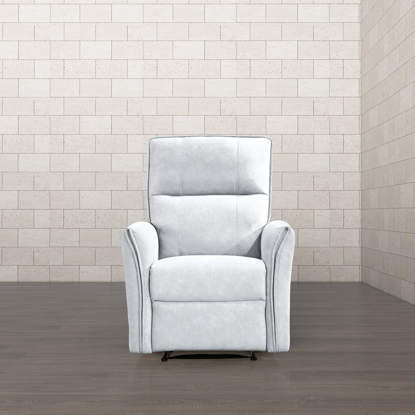 Modern white recliner armchair on wood floor, FredCo International furniture