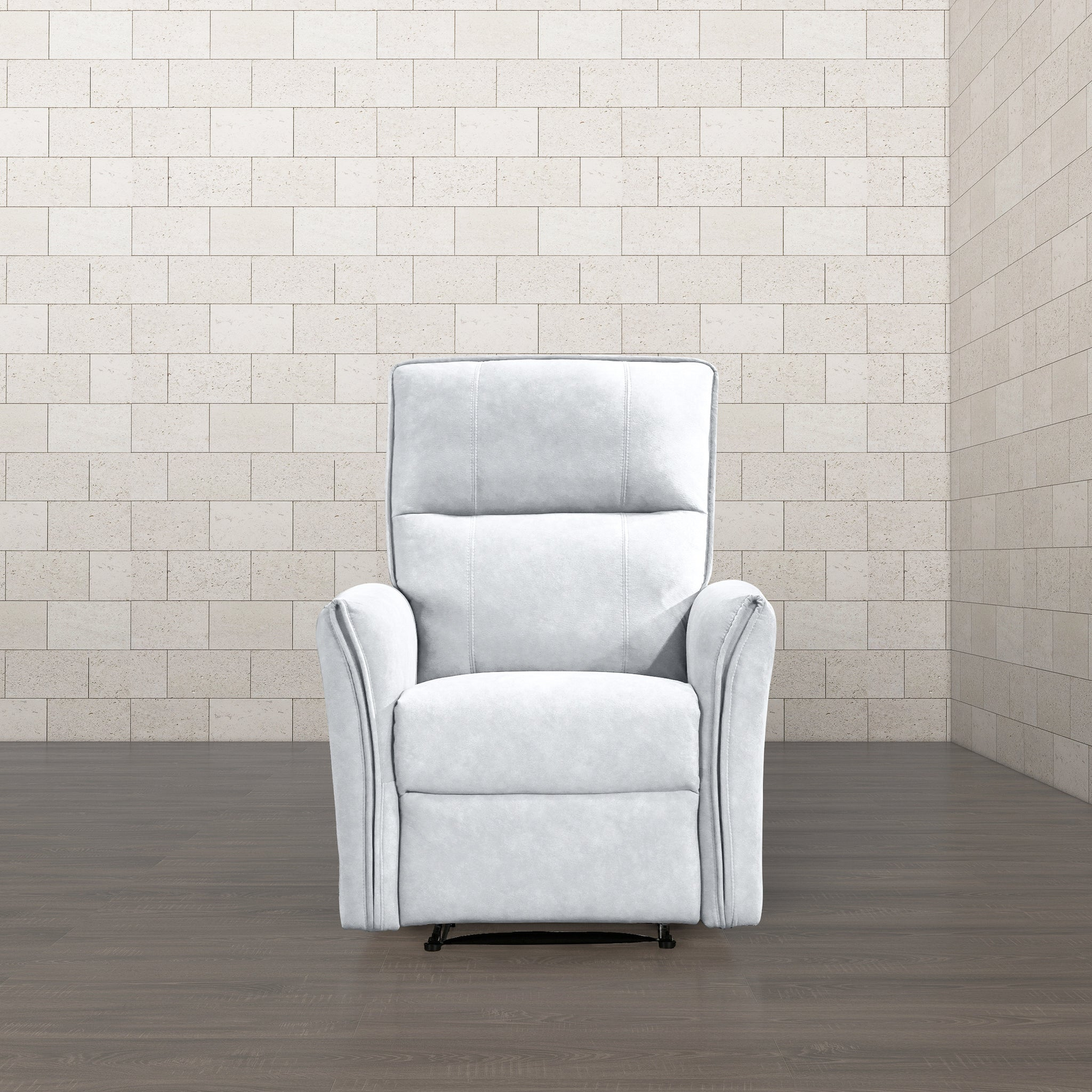 Modern white recliner armchair on wood floor, FredCo International furniture