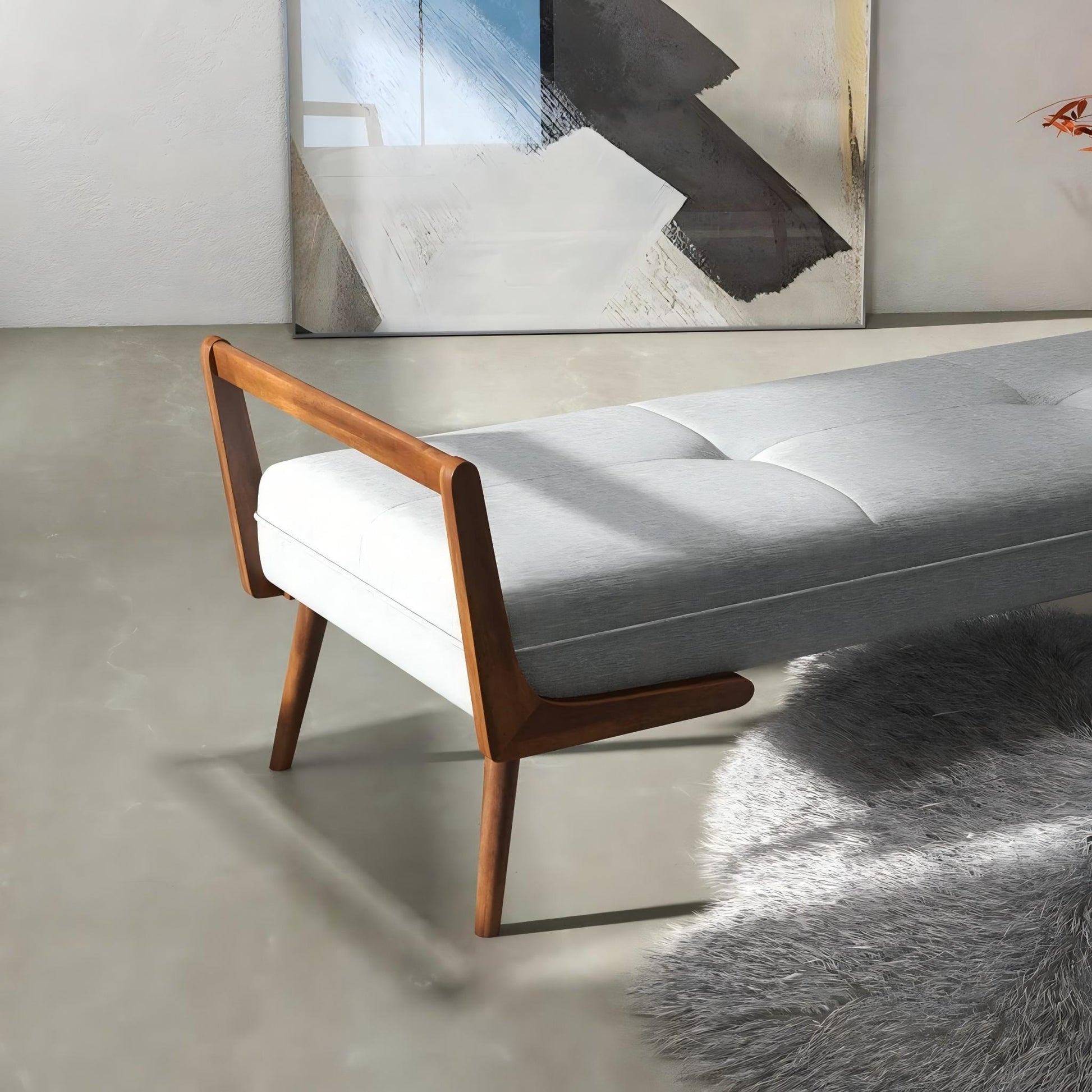Modern Cora Mid Century Modern Gray Bench for Entryway, Living Room, Hallway,with Tufted Velvet Upholstery and Natural Walnut Wood Finish FredCo