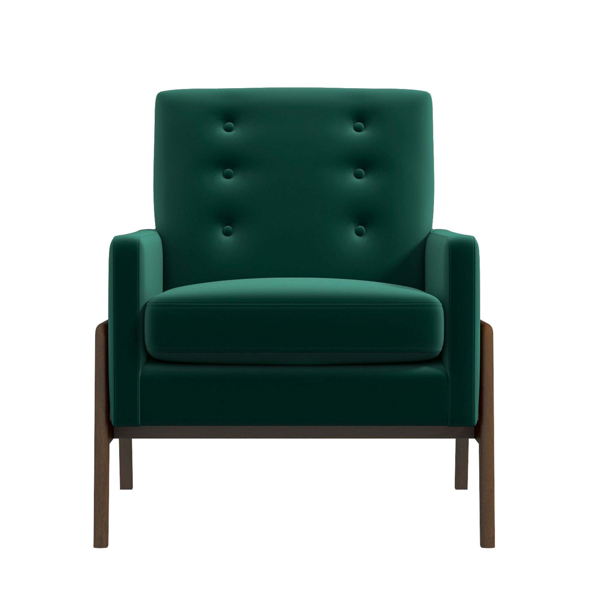 Modern green accent armchair with tufted back and wooden legs, FredCo International furniture