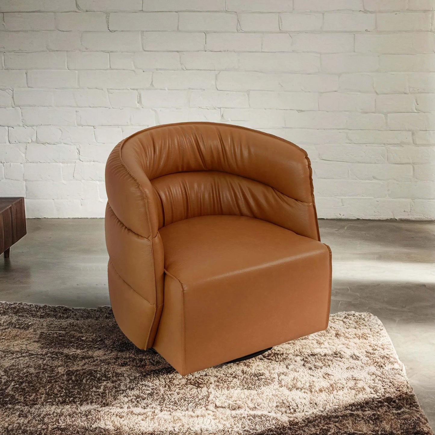 Modern tan leather accent chair on rug in living room, FredCo International furniture