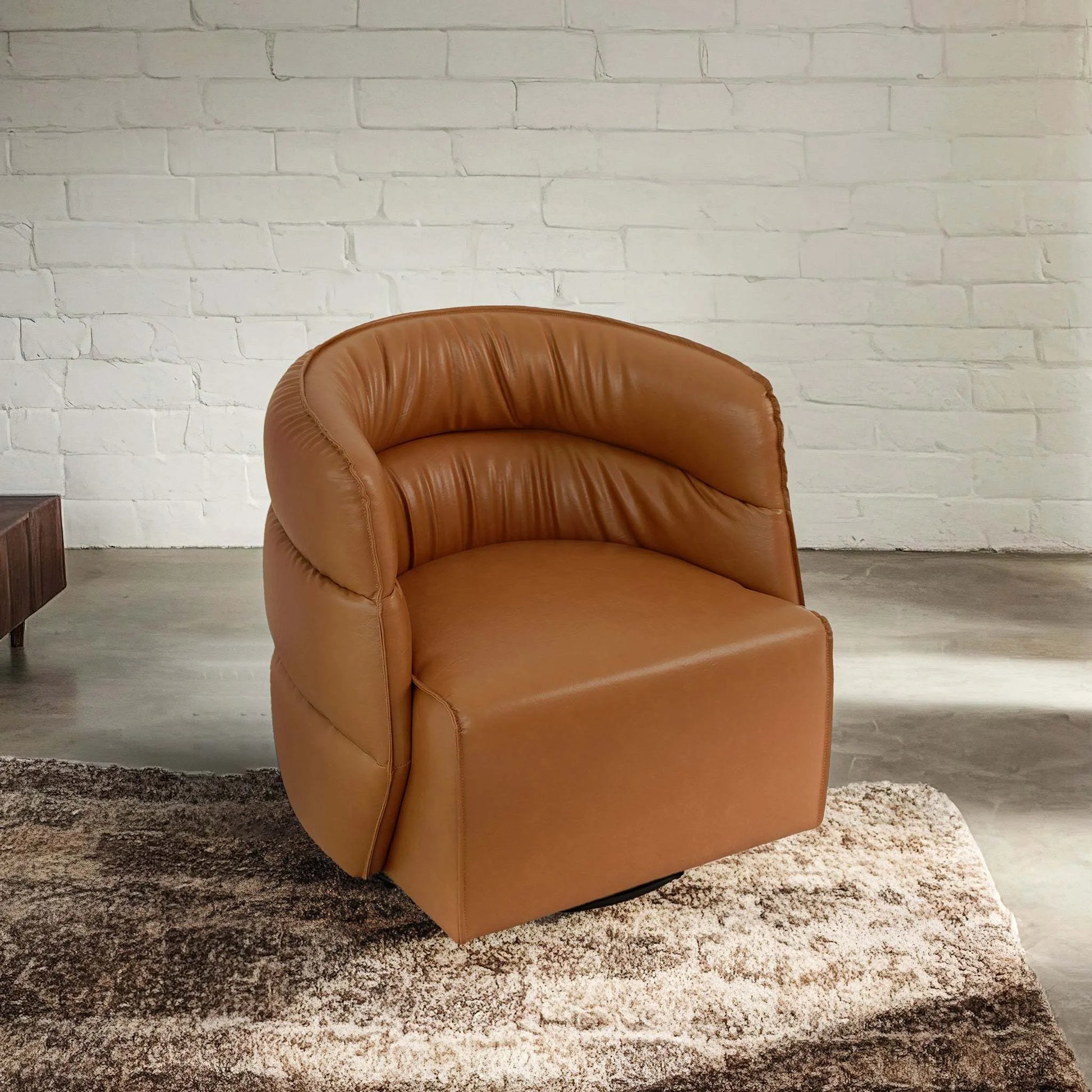 Modern tan leather accent chair on rug in living room, FredCo International furniture