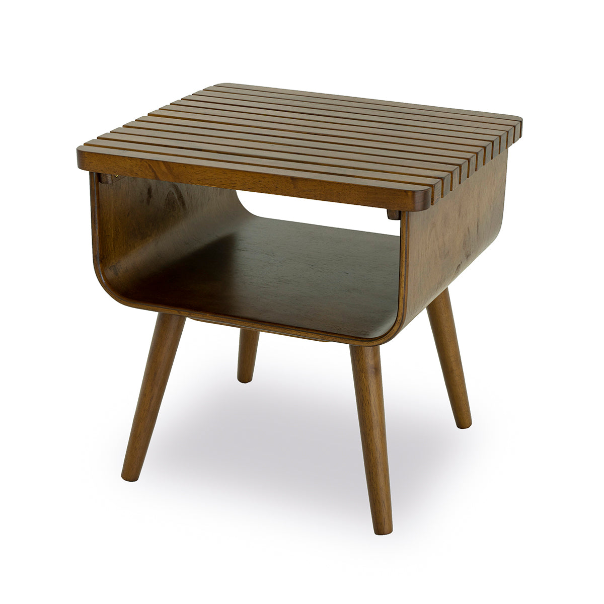 Mid-century modern wood end table with slatted top and open shelf, FredCo International furniture