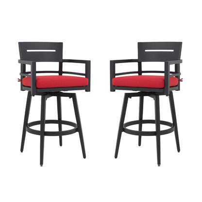Modern Outdoor Swivel Bar Chairs Set of 2, 360 Degree Rotation, Aluminum Frame in Ember Black, with Ergonomic Backrest, Armrests & Sunbrella Cushions, Weather-Resistant