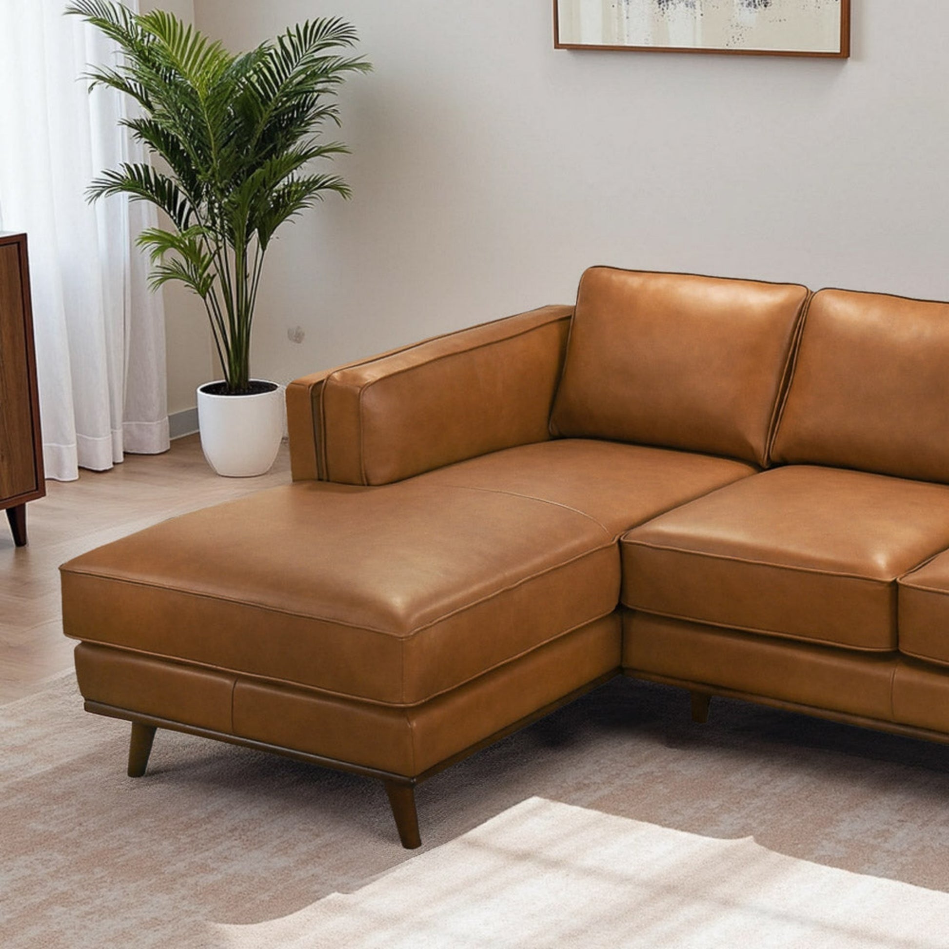 Chase Genuine Leather Sectional Left Facing Sofa Tan Leather 90.90 inches FredCo