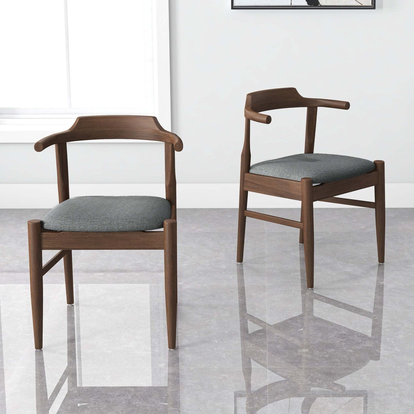 Modern wooden dining chairs with gray cushions in a bright room, FredCo International furniture