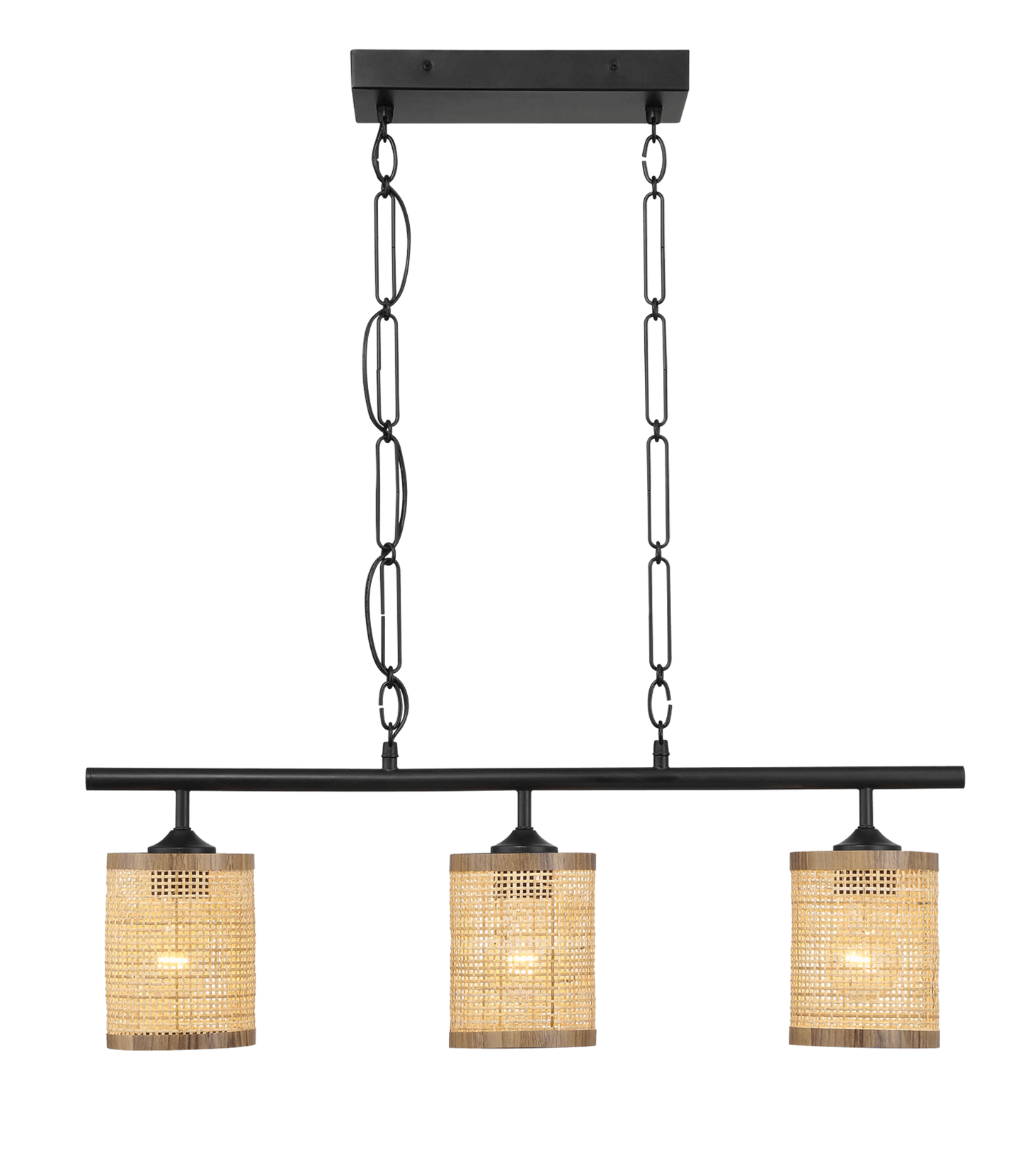 Modern three-light pendant chandelier with woven rattan shades and black metal frame