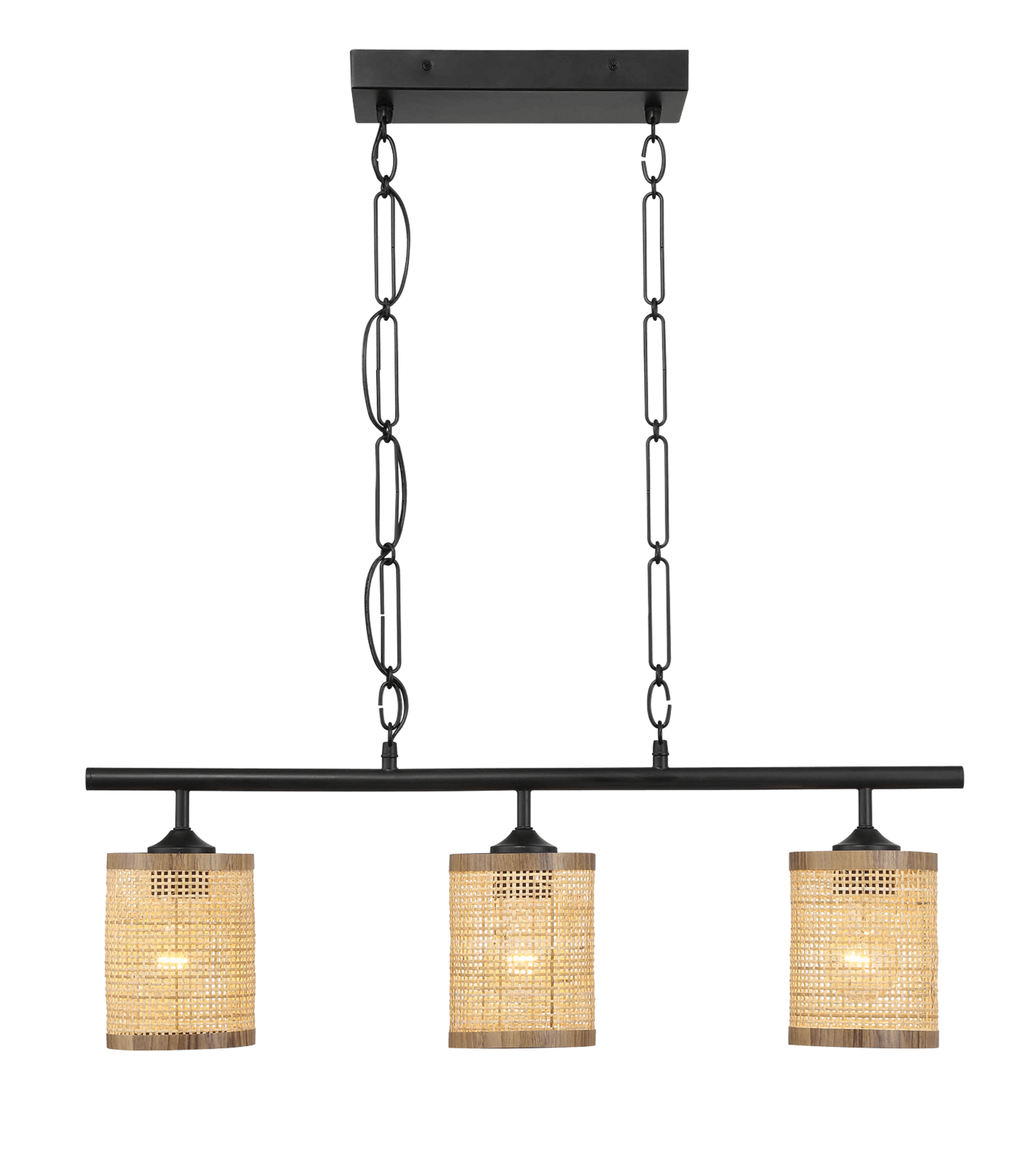 Modern three-light pendant chandelier with woven rattan shades and black metal frame