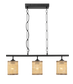 Modern three-light pendant chandelier with woven rattan shades and black metal frame