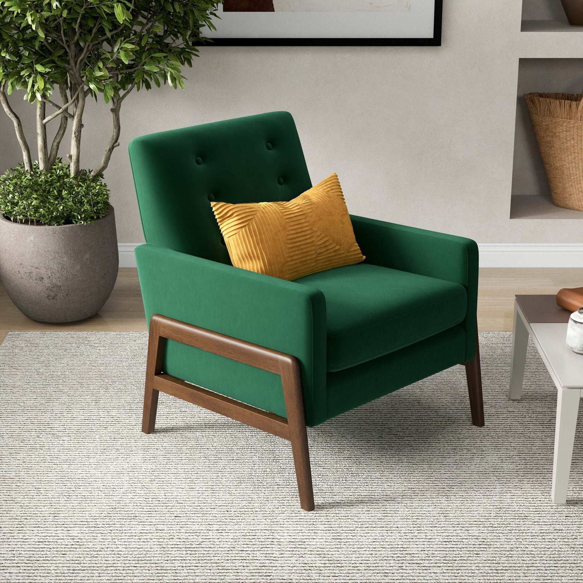 Modern green armchair with gold pillow in cozy living room, FredCo International furniture