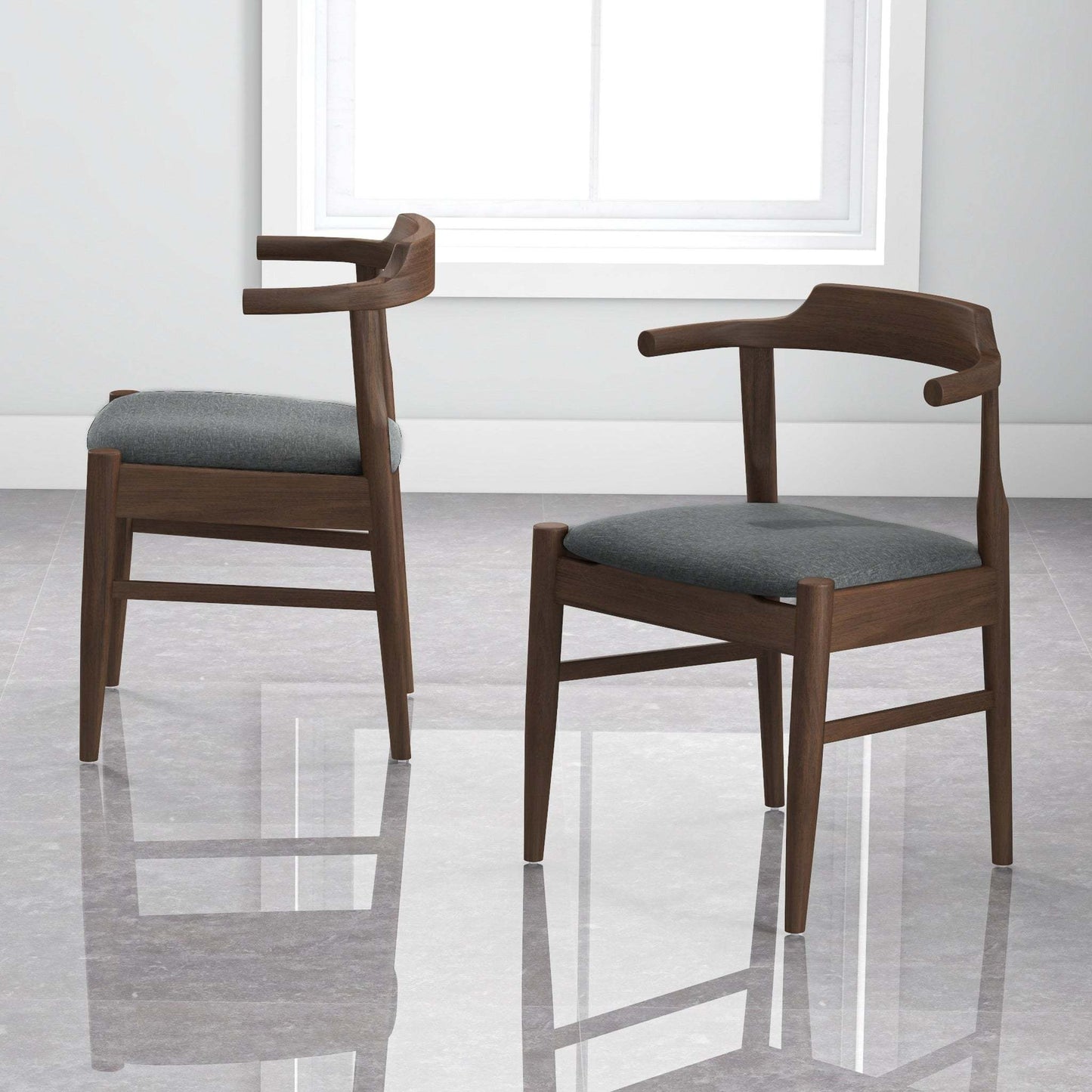 Modern wood dining chairs with gray cushions in a bright, minimalist room