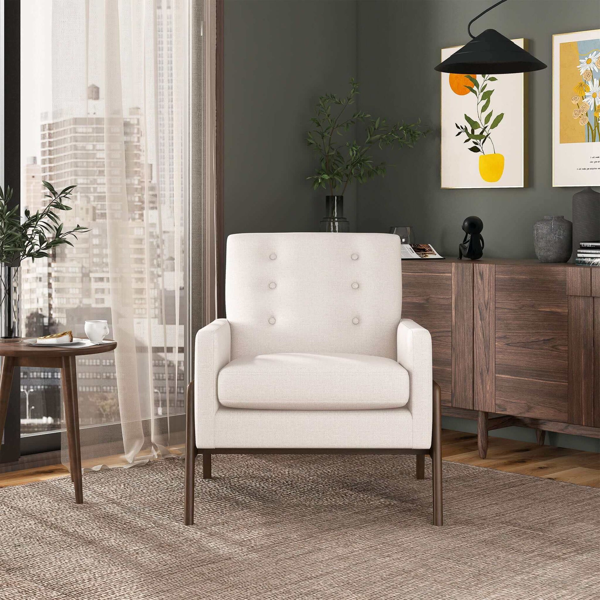 Modern living room with cream accent chair, wooden side table, and city view from FredCo International