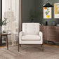 Modern living room with cream accent chair, wooden side table, and city view from FredCo International