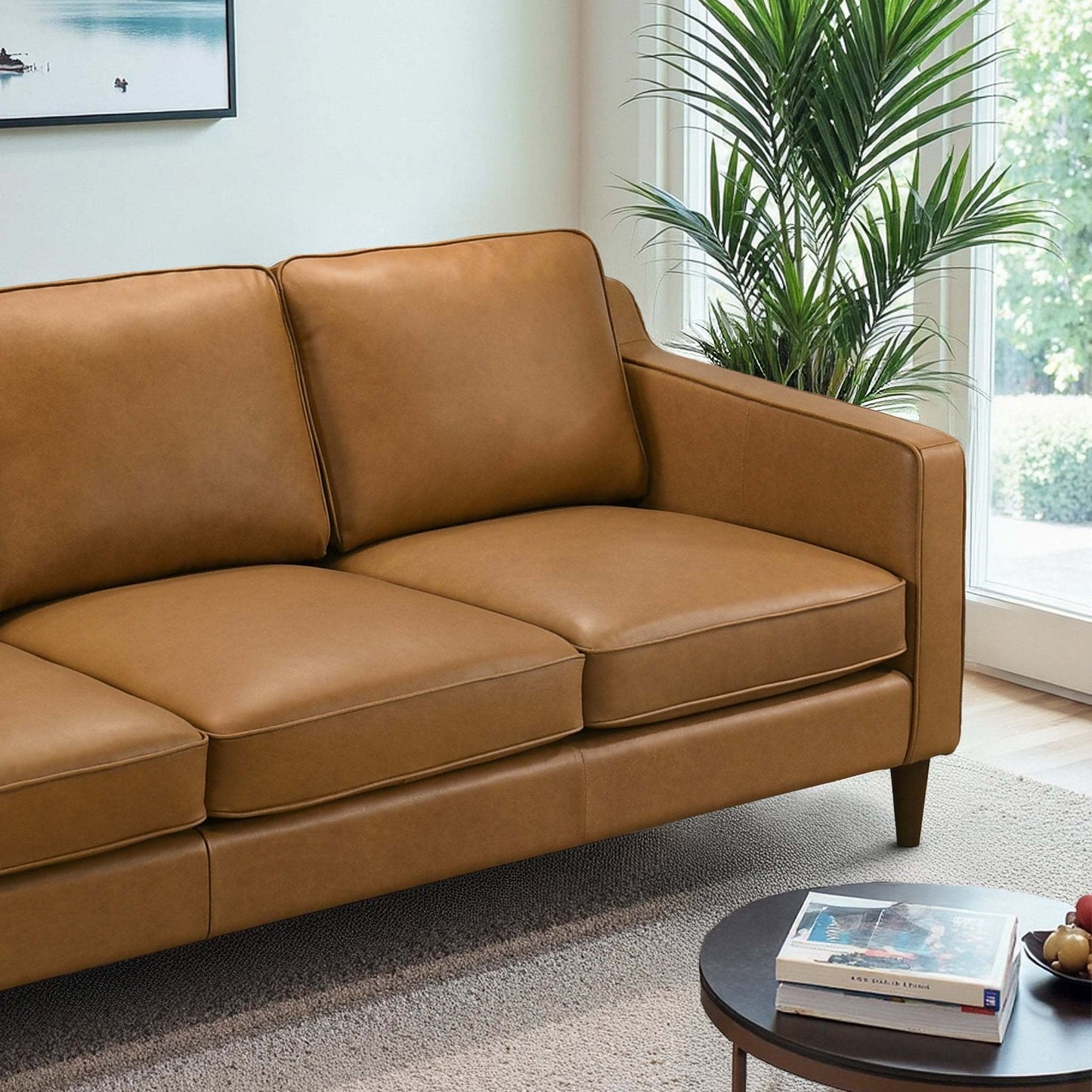 Cooper Mid Century Modern Tan Leather Sofa with Easy Maintenance and Solid Wood Frame FredCo