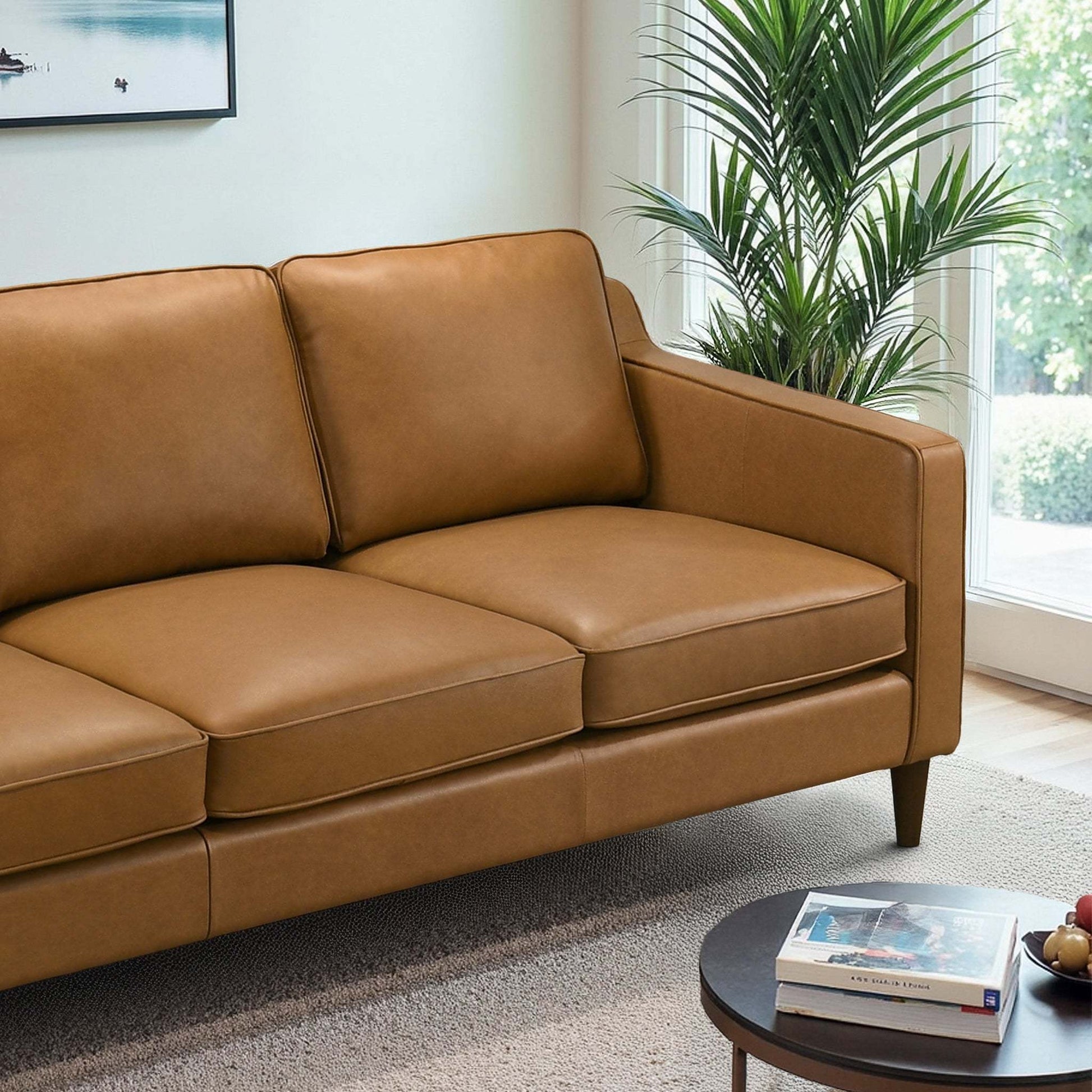 Cooper Mid Century Modern Tan Leather Sofa with Easy Maintenance and Solid Wood Frame FredCo