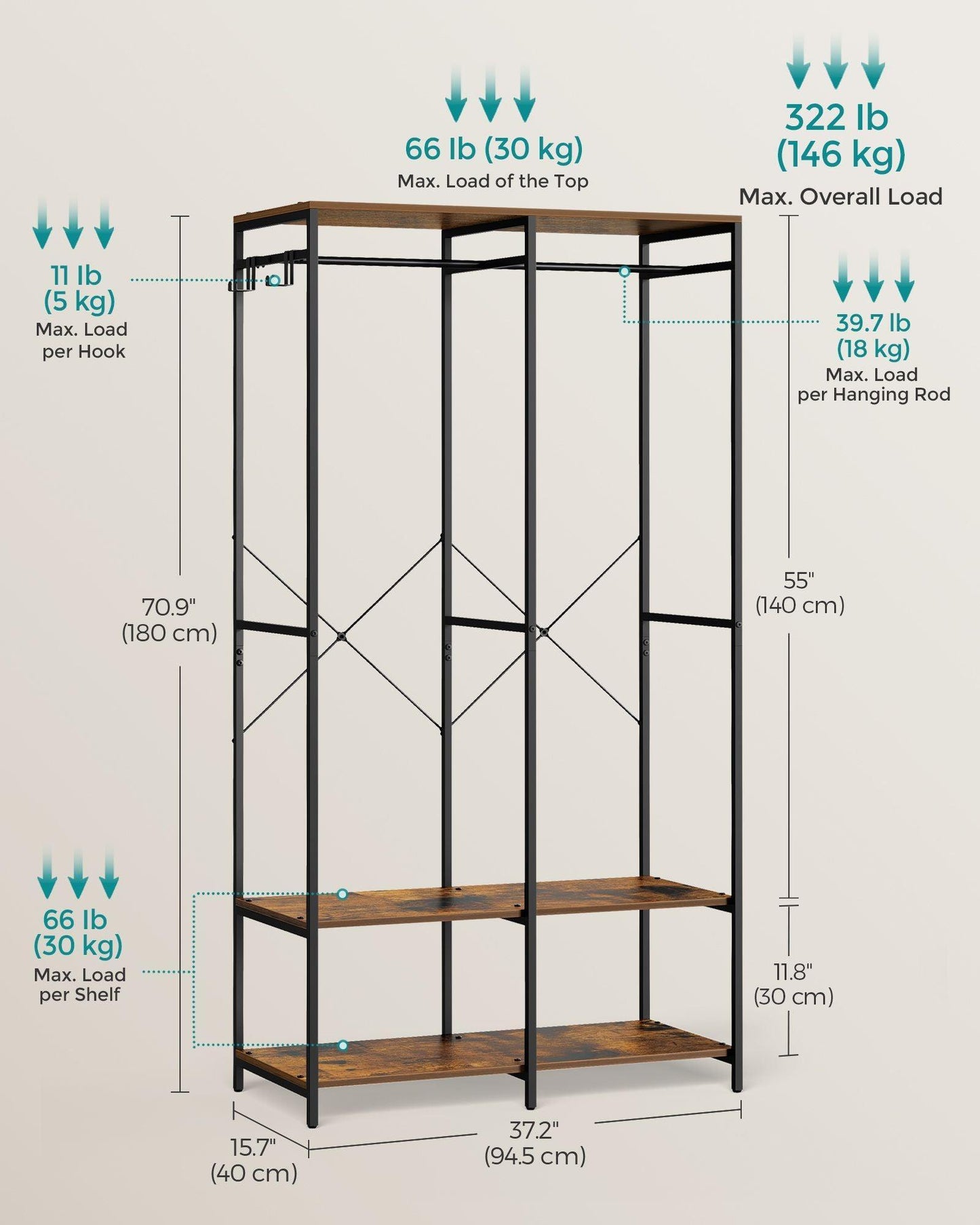 2-Column Clothes Rack Rustic Brown FredCo