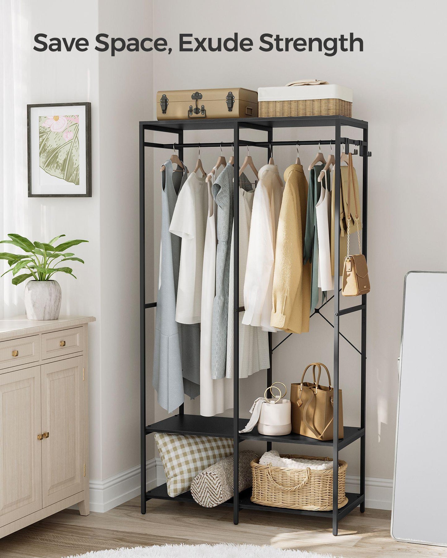 2-Column Clothes Rack with Hanging Rods Ebony Black FredCo