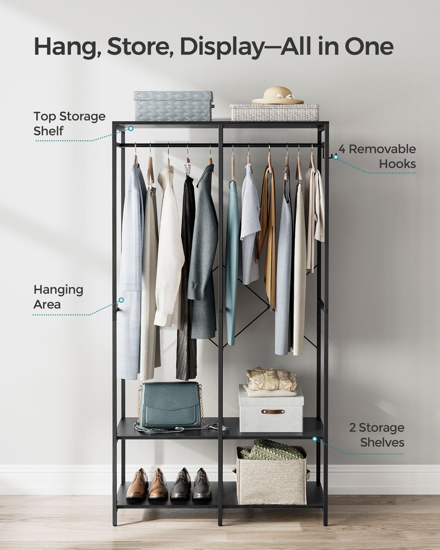 2-Column Clothes Rack with Hanging Rods Ebony Black FredCo