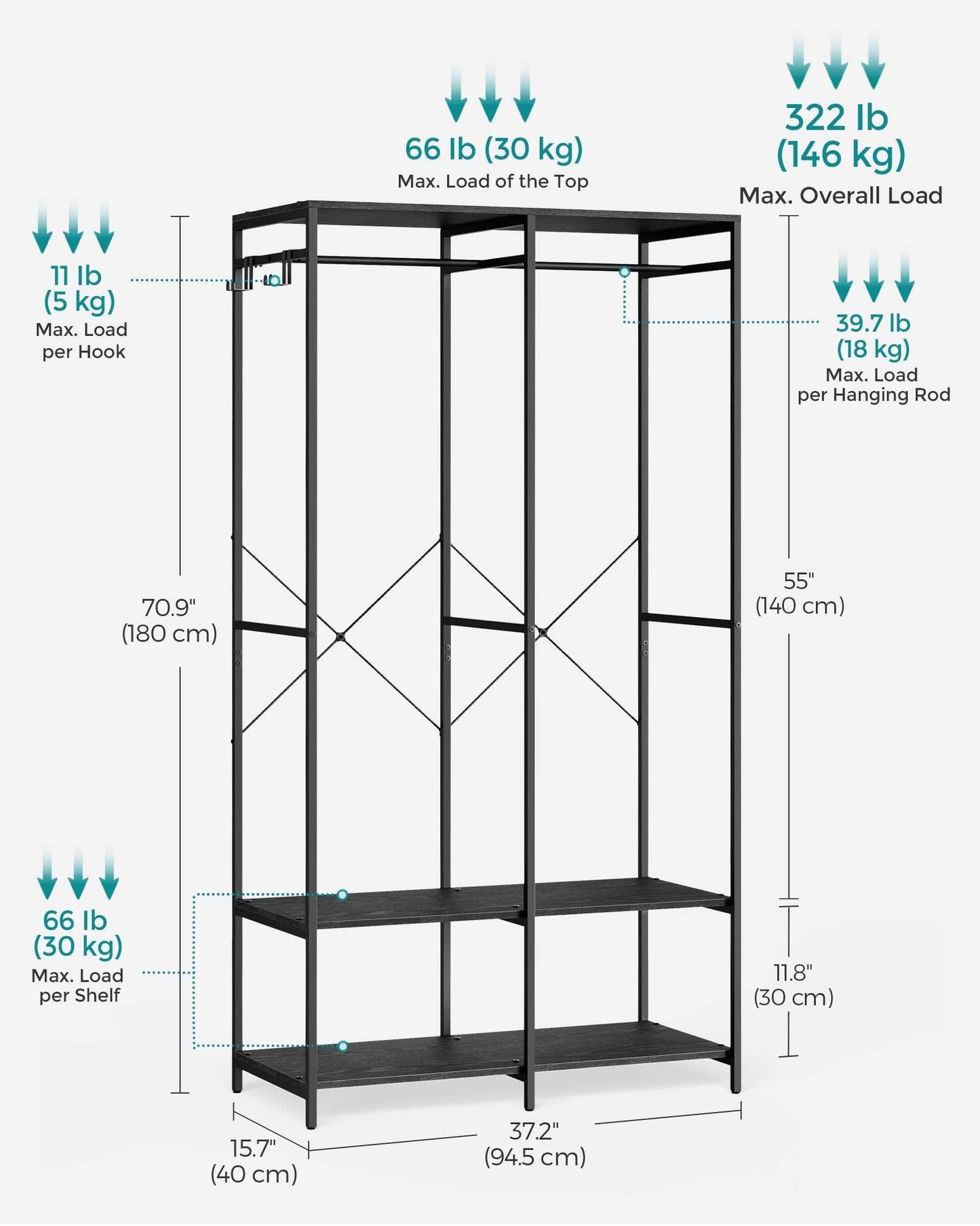 2-Column Clothes Rack with Hanging Rods Ebony Black FredCo
