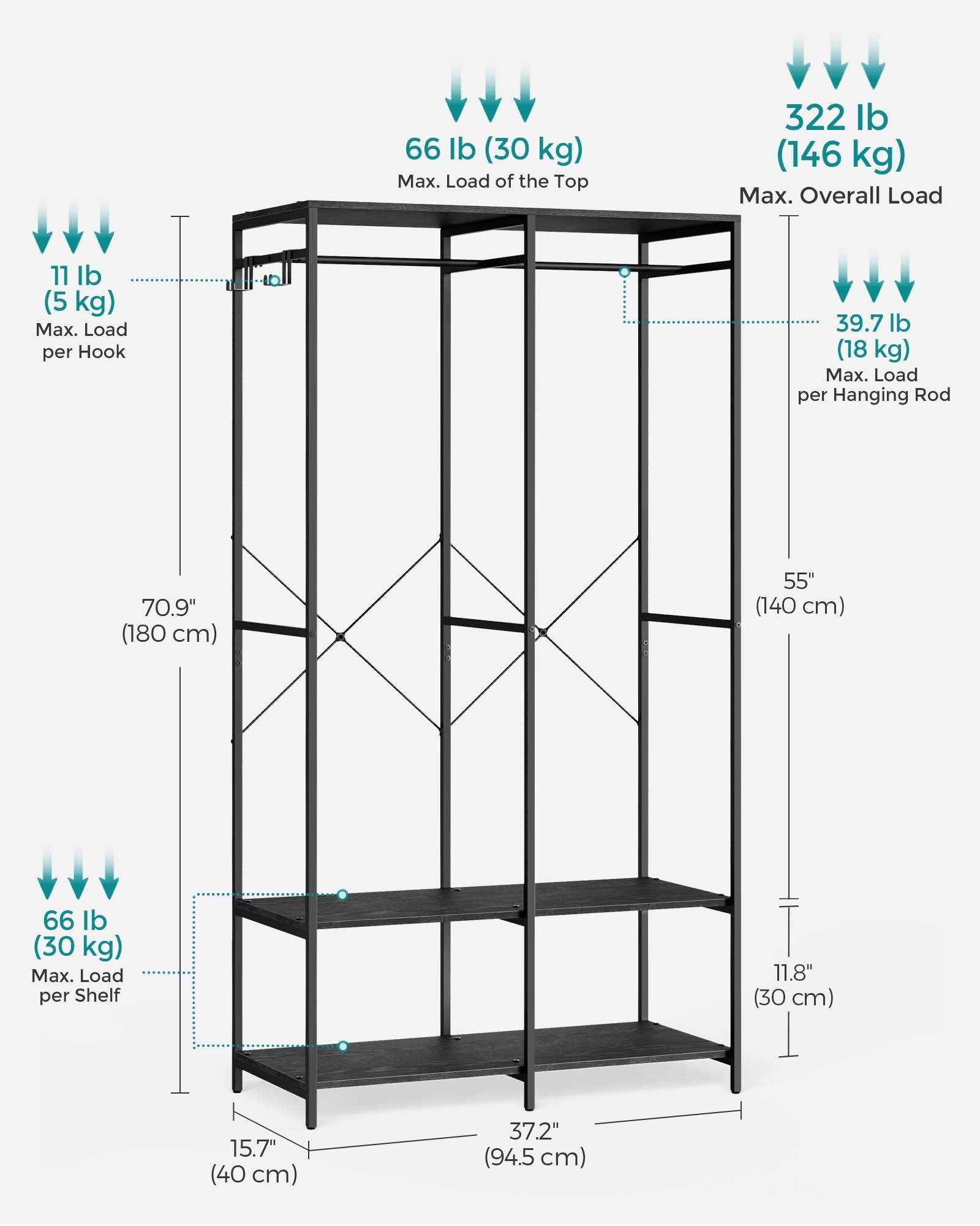 2-Column Clothes Rack with Hanging Rods Ebony Black FredCo