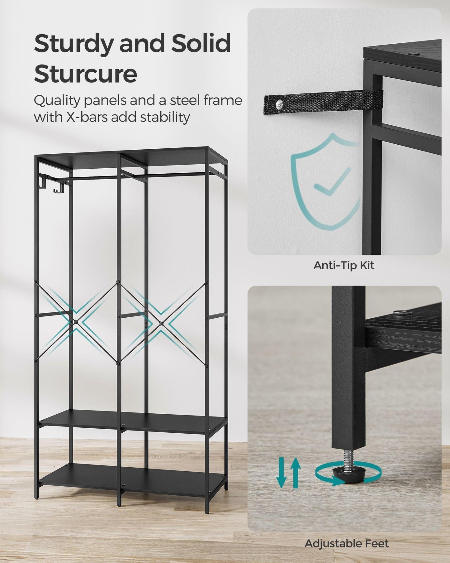 2-Column Clothes Rack with Hanging Rods Ebony Black FredCo