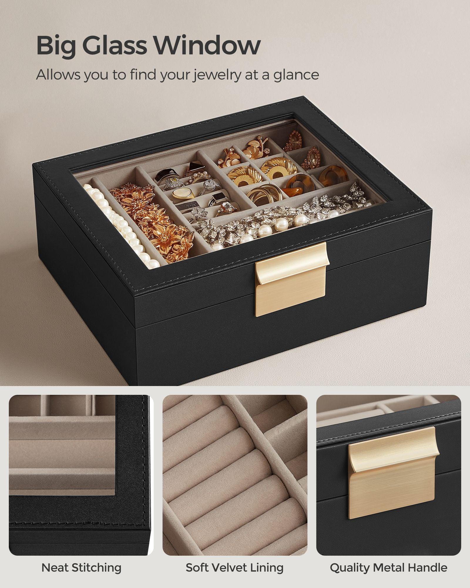 2-Layer Jewelry Box with Glass Lid Graphite Black and Metallic Gold FredCo