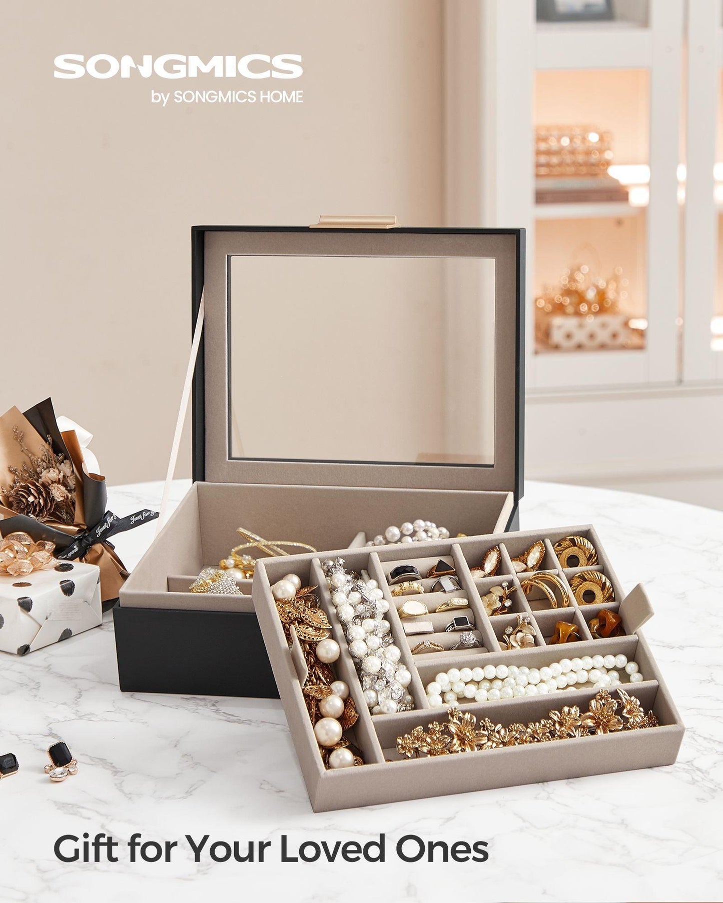 2-Layer Jewelry Box with Glass Lid Graphite Black and Metallic Gold FredCo