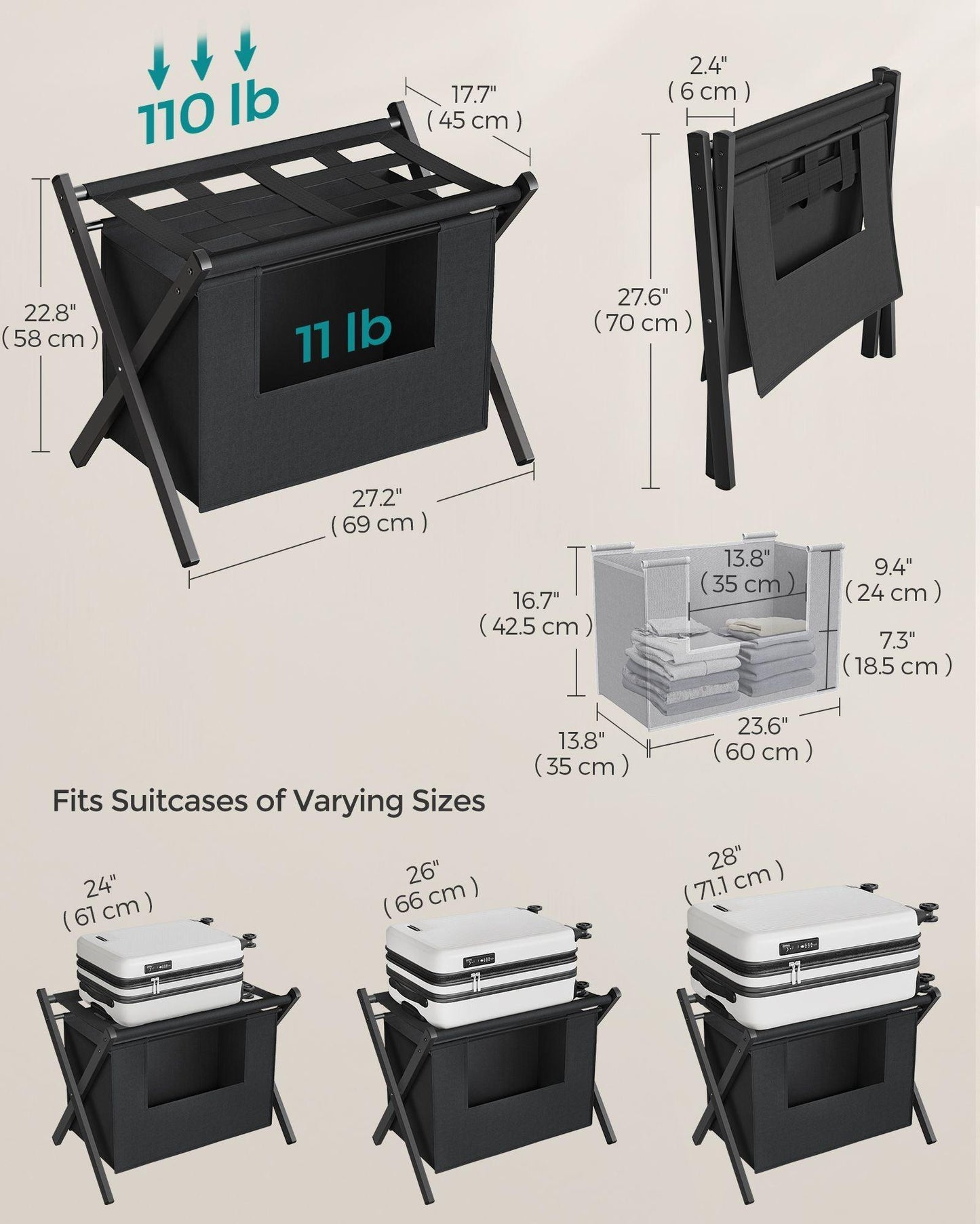 2 Pack Luggage Rack with Removable Laundry Bag Black FredCo