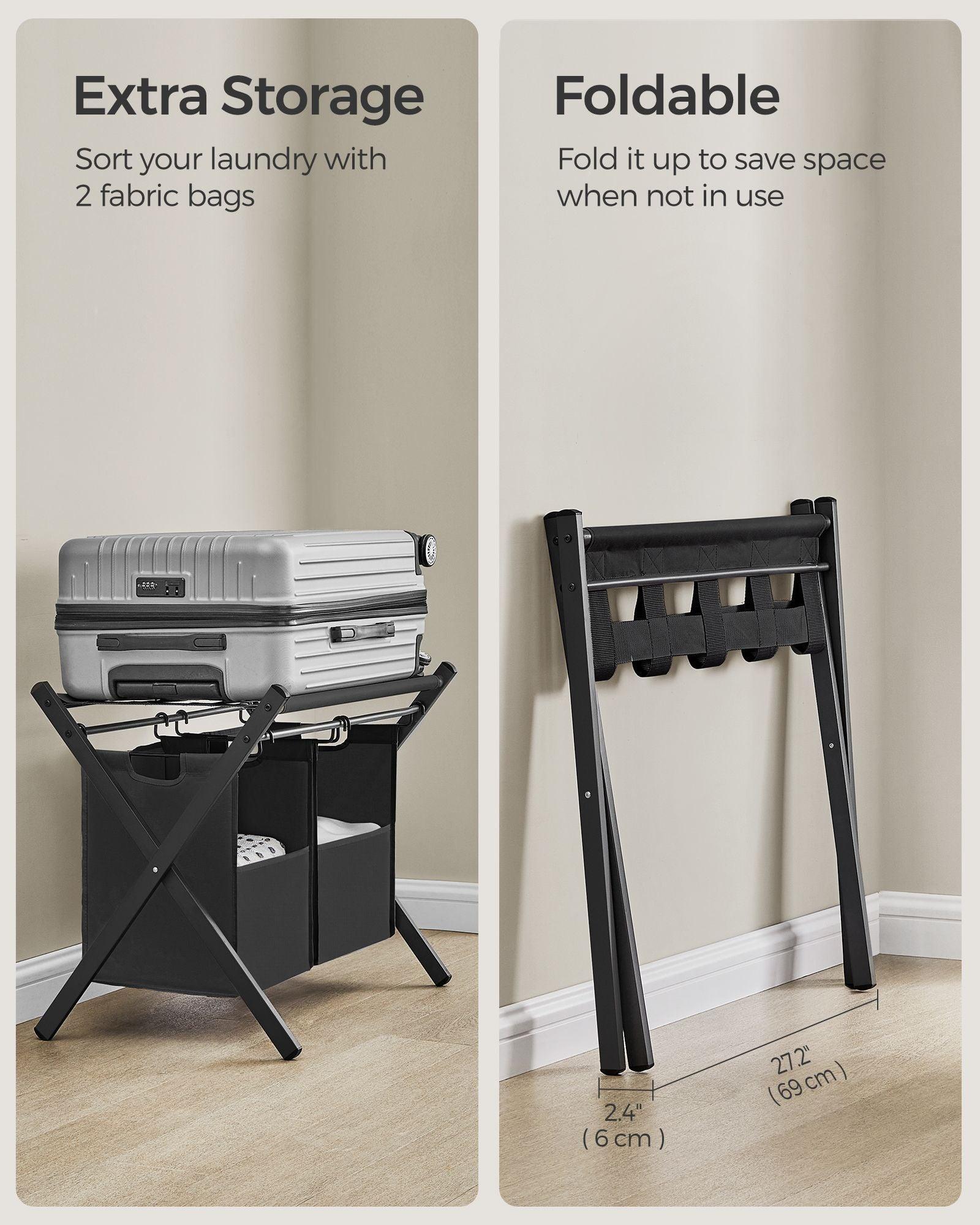 2 Pack Luggage Racks with 2 Removable Laundry Bag Slate Gray FredCo