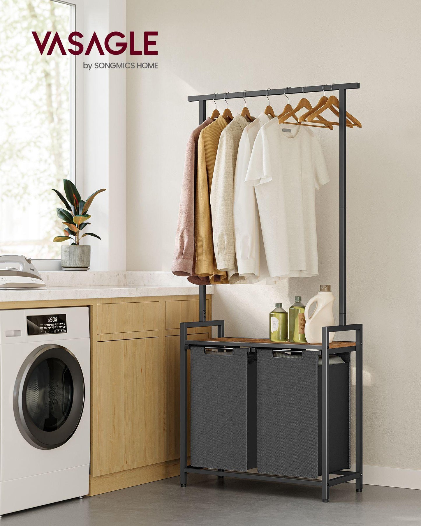 2 Section Laundry Sorter with Clothes Rack FredCo