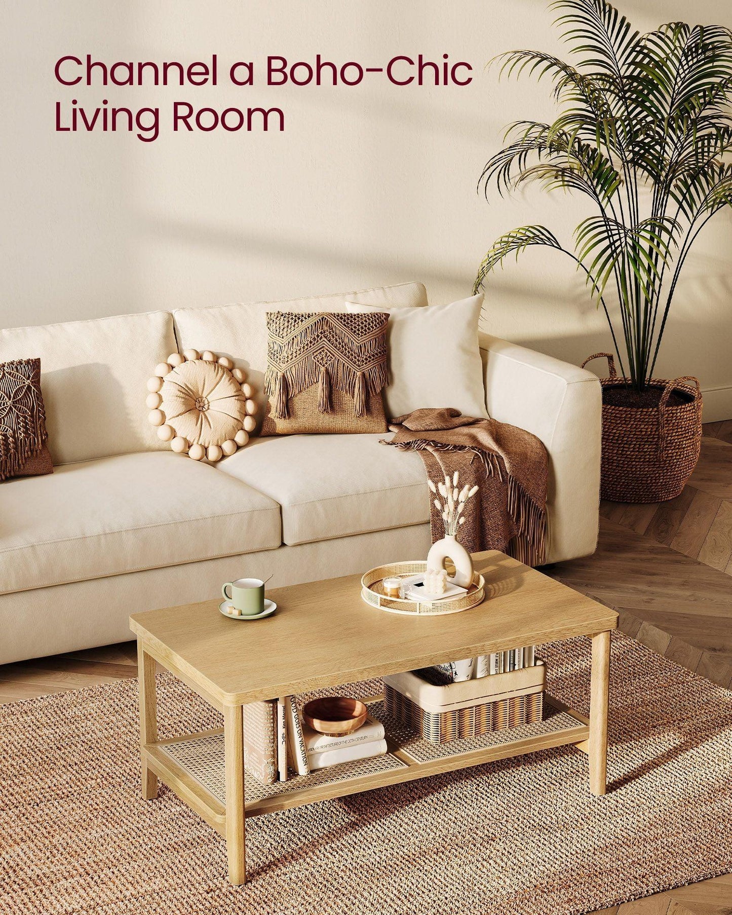 2-Tier Coffee Table with PVC Rattan Storage Shelf FredCo