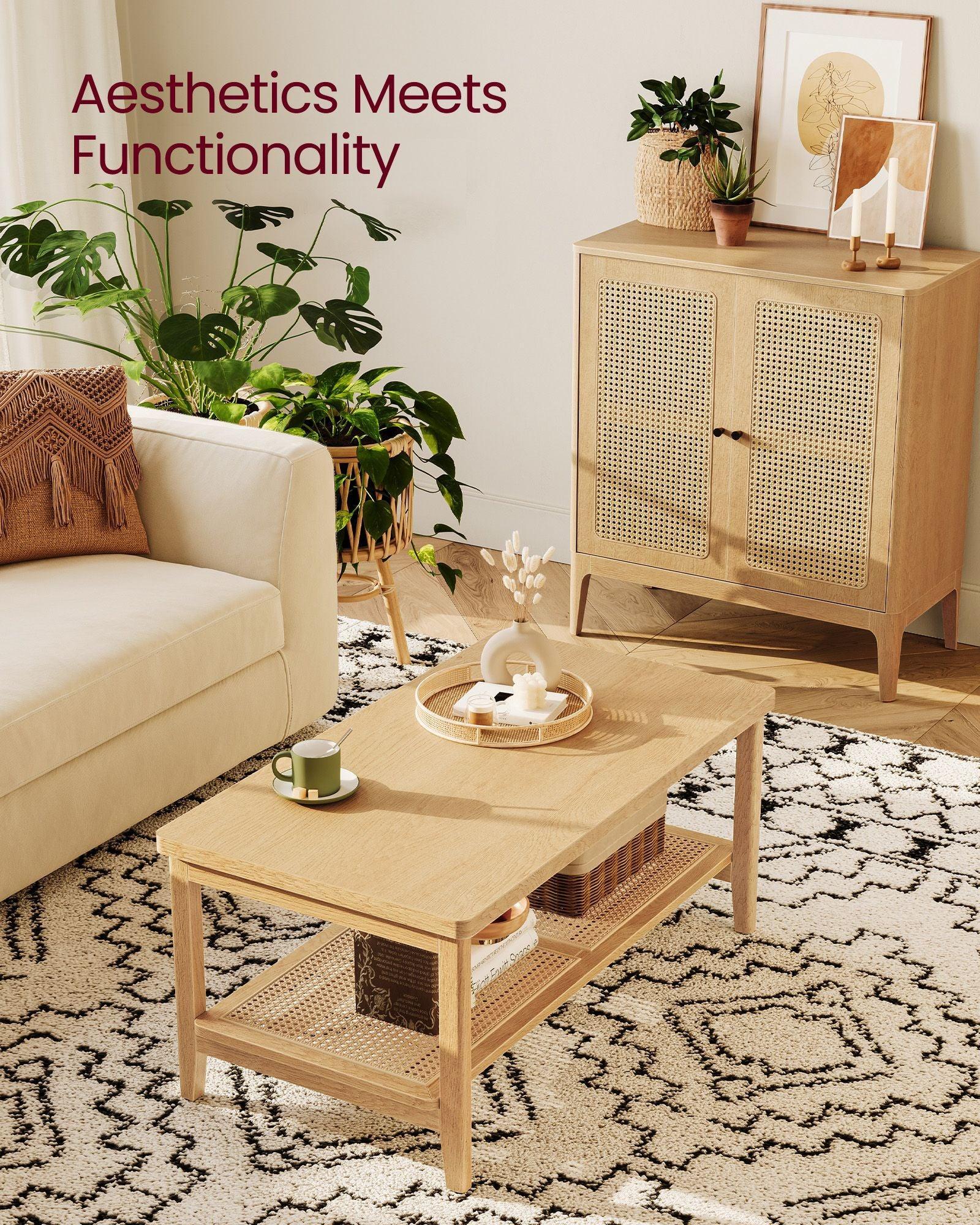 2-Tier Coffee Table with PVC Rattan Storage Shelf FredCo