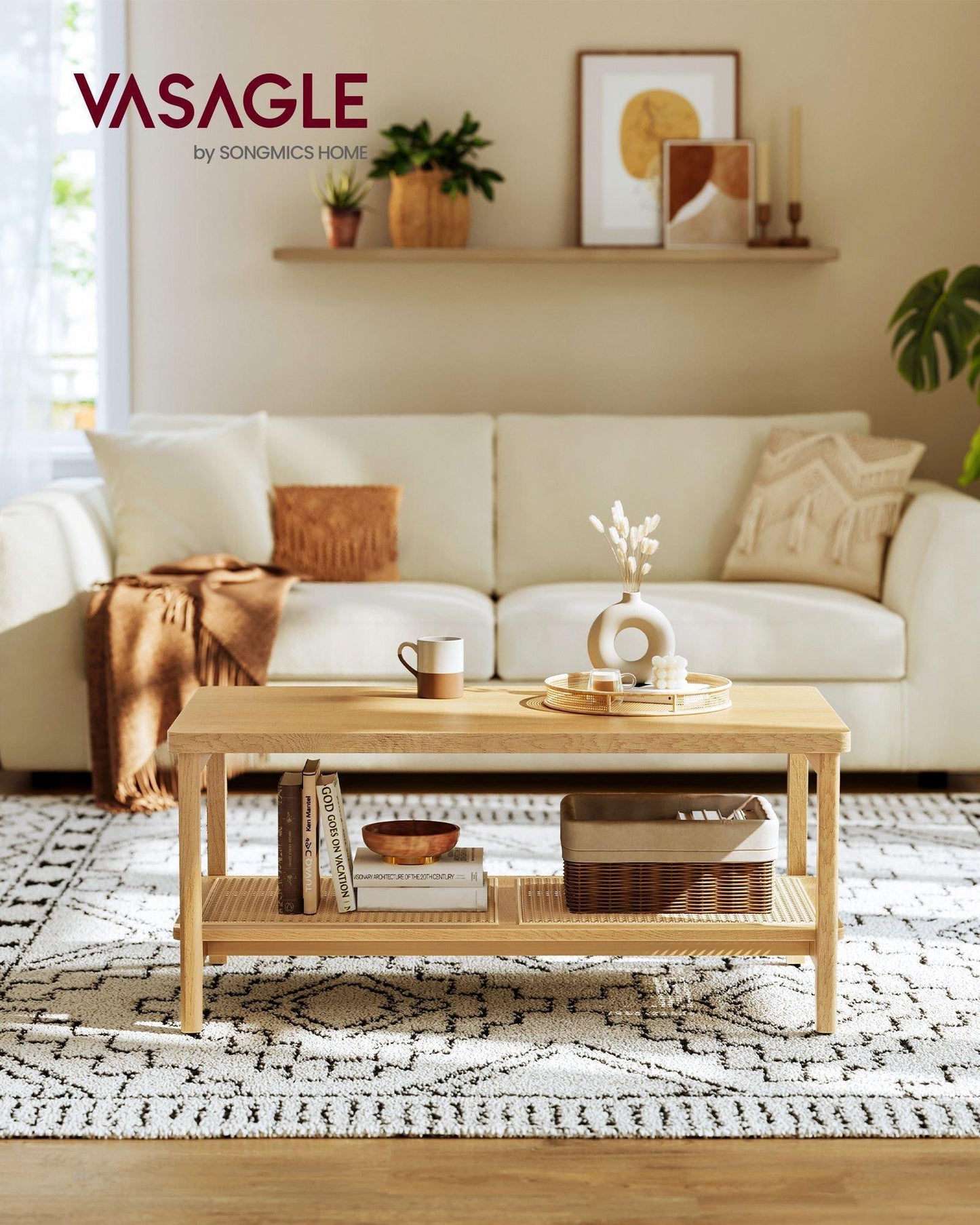 2-Tier Coffee Table with PVC Rattan Storage Shelf FredCo