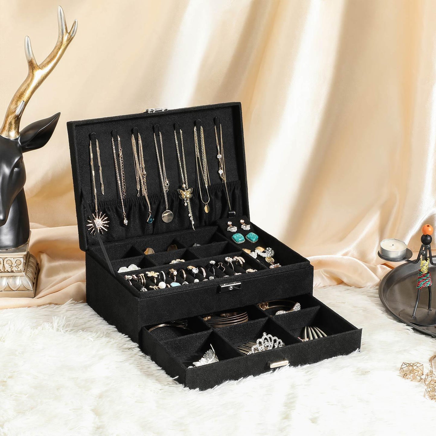 2-Tier Jewelry Case with Drawer Black FredCo