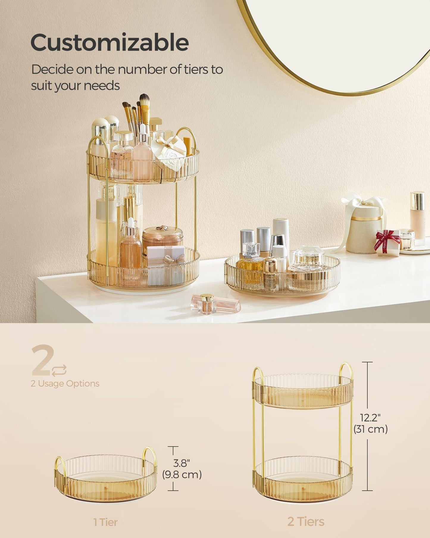 2-Tier Makeup Organizer Champagne Gold FredCo