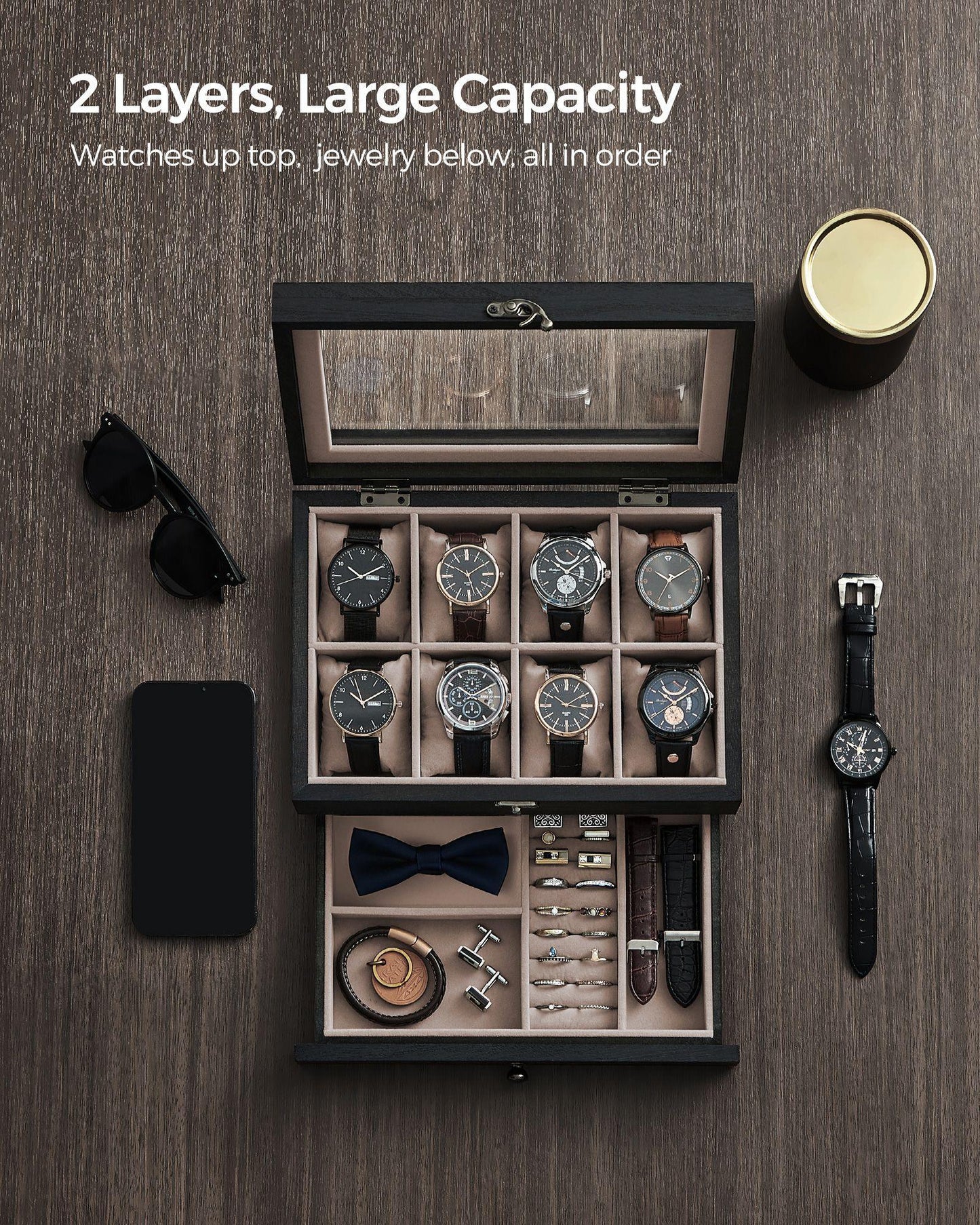 2-Tier Watch Display Case with Large Glass Lid Ebony Black FredCo