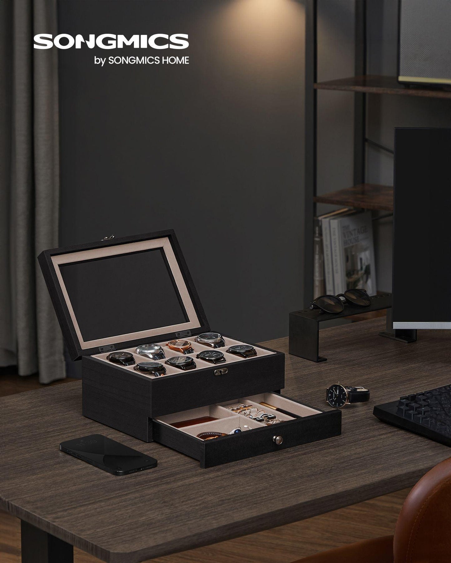 2-Tier Watch Display Case with Large Glass Lid Ebony Black FredCo