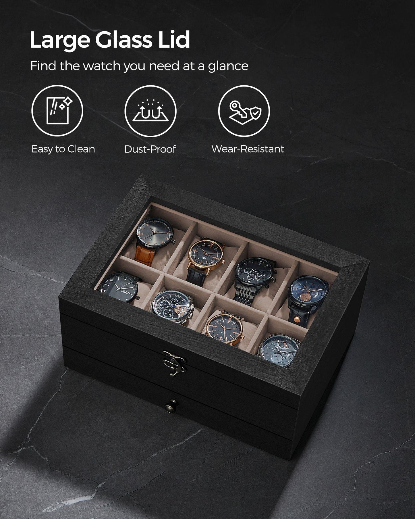2-Tier Watch Display Case with Large Glass Lid Ebony Black FredCo