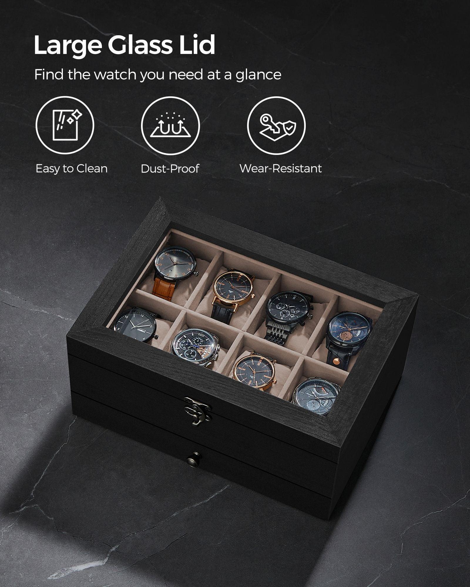 2-Tier Watch Display Case with Large Glass Lid Ebony Black FredCo