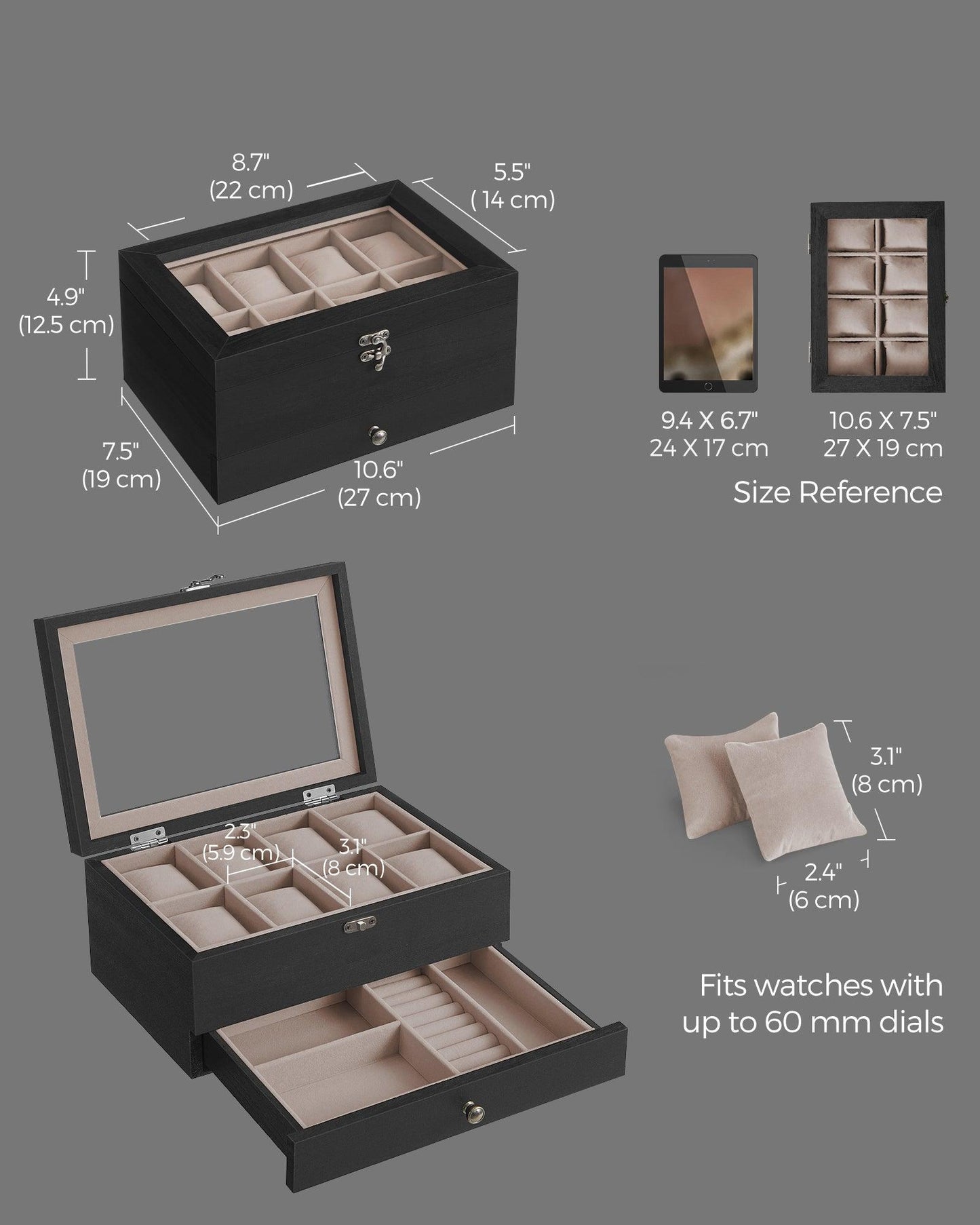 2-Tier Watch Display Case with Large Glass Lid Ebony Black FredCo