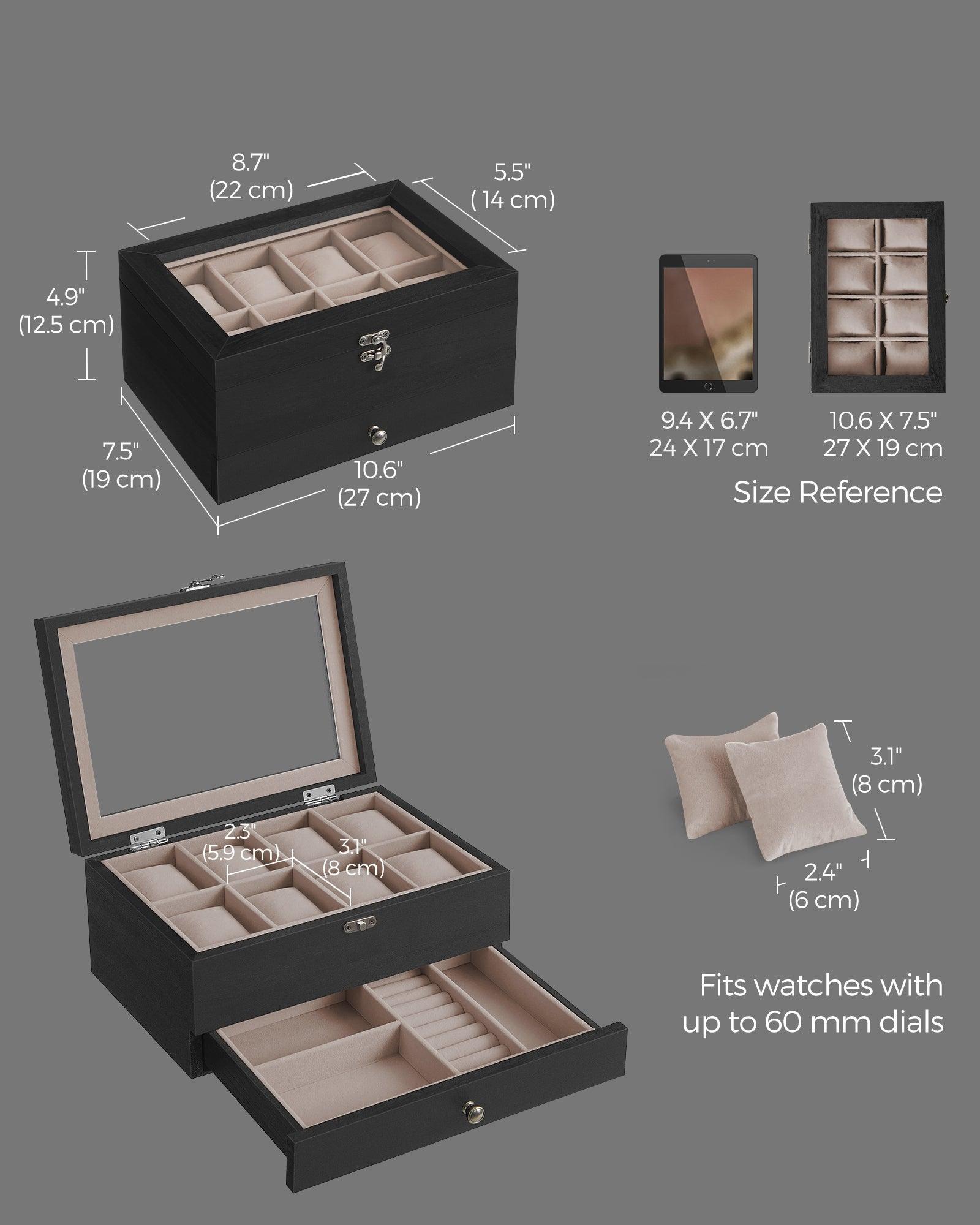 2-Tier Watch Display Case with Large Glass Lid Ebony Black FredCo