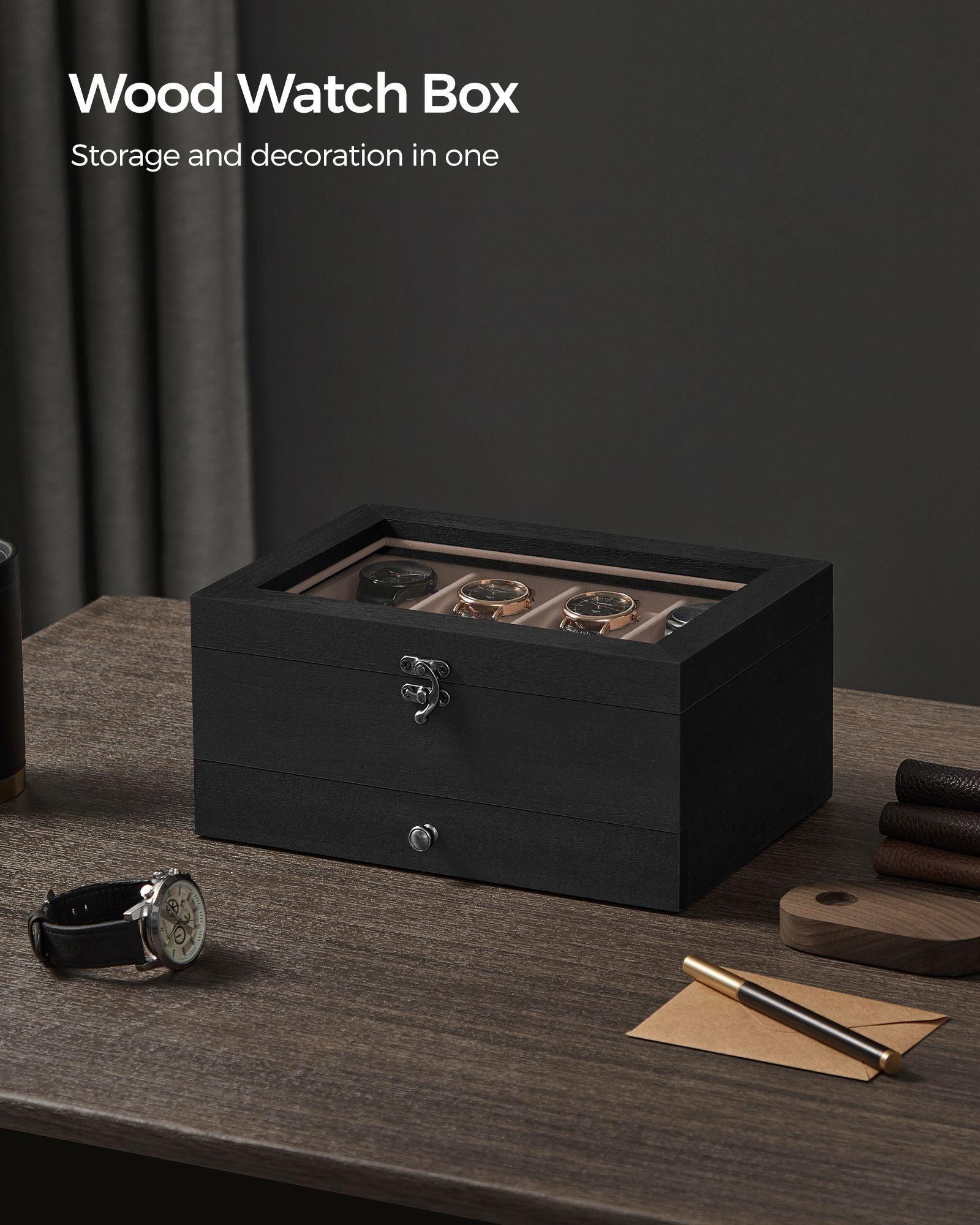 2-Tier Watch Display Case with Large Glass Lid Ebony Black FredCo