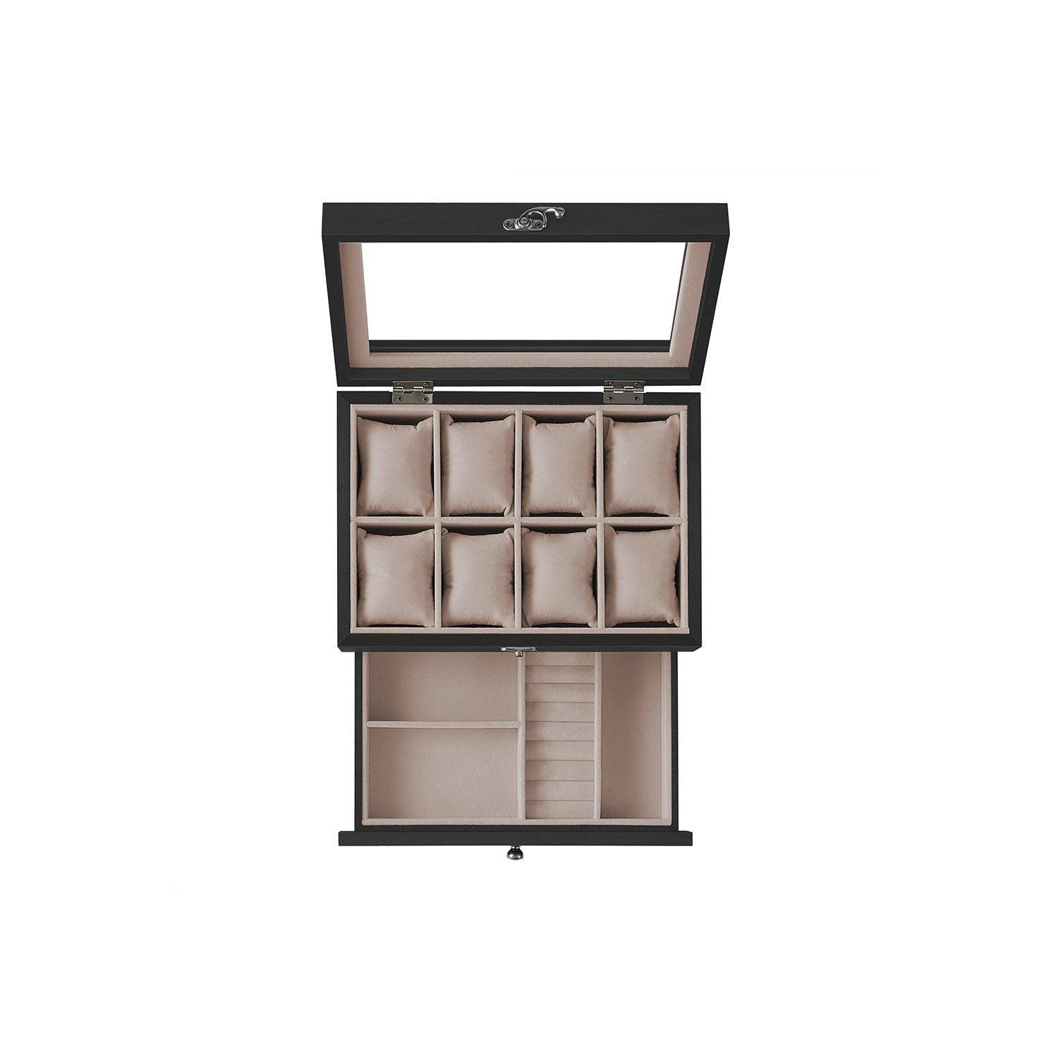 2-Tier Watch Display Case with Large Glass Lid Ebony Black FredCo