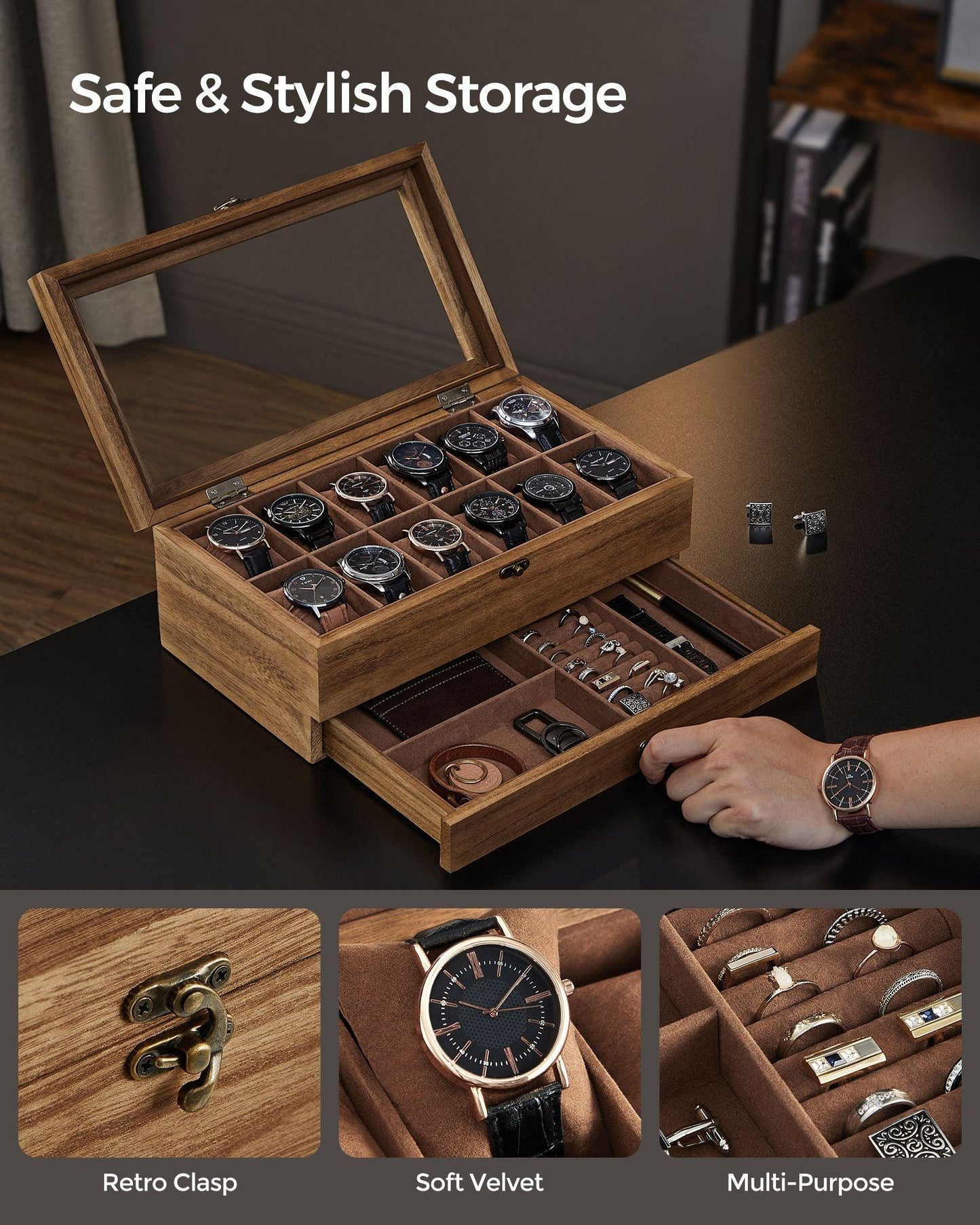 2-Tier Watch Display Case with Large Glass Lid Rustic Walnut FredCo