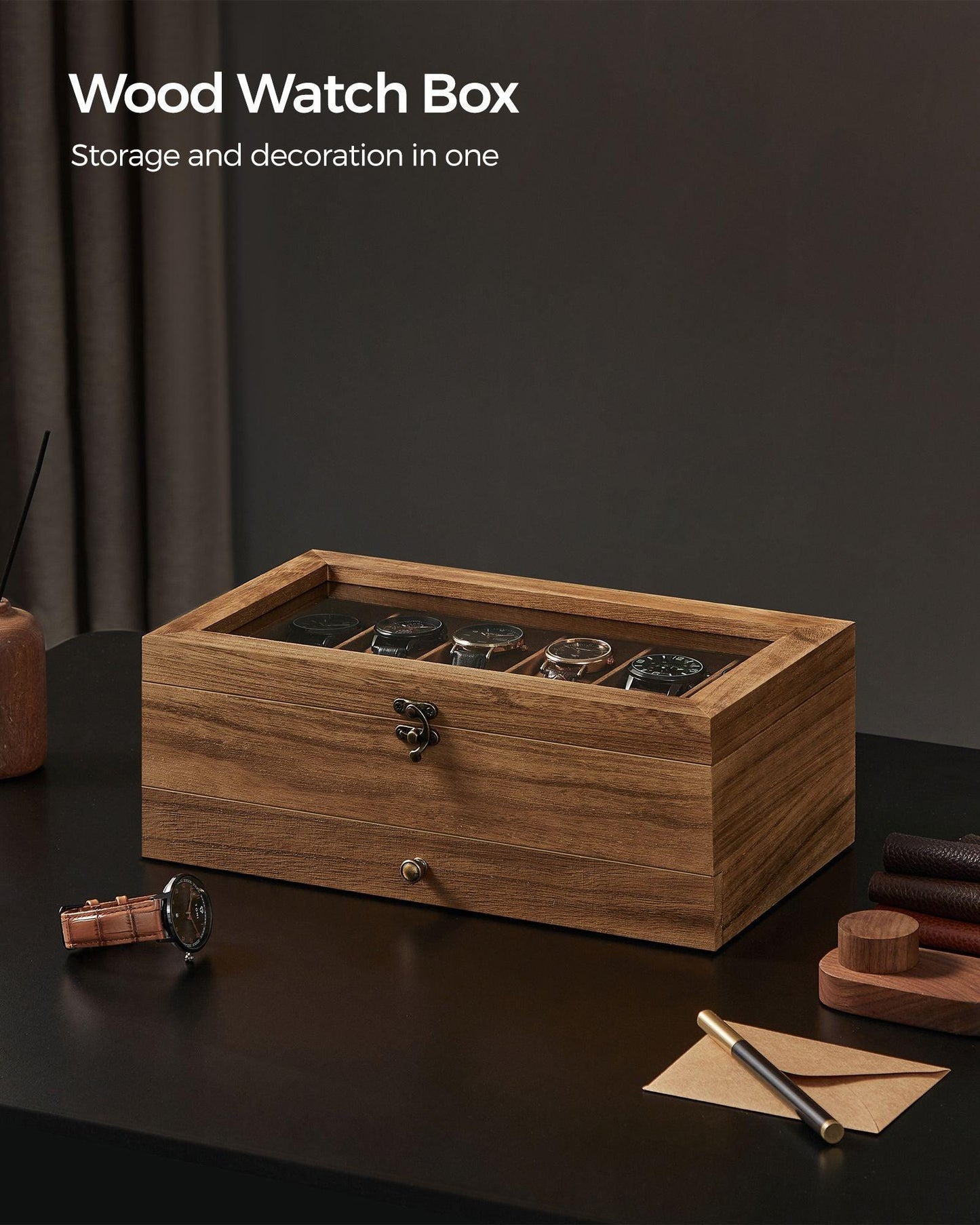 2-Tier Watch Display Case with Large Glass Lid Rustic Walnut FredCo