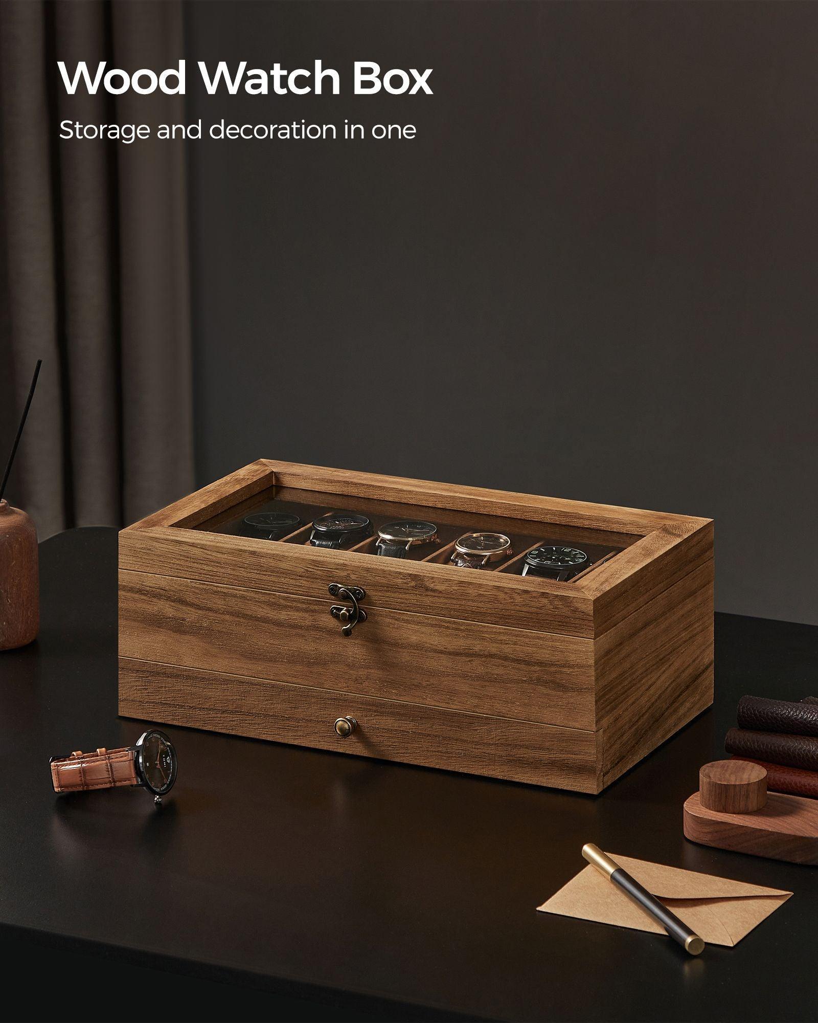2-Tier Watch Display Case with Large Glass Lid Rustic Walnut FredCo